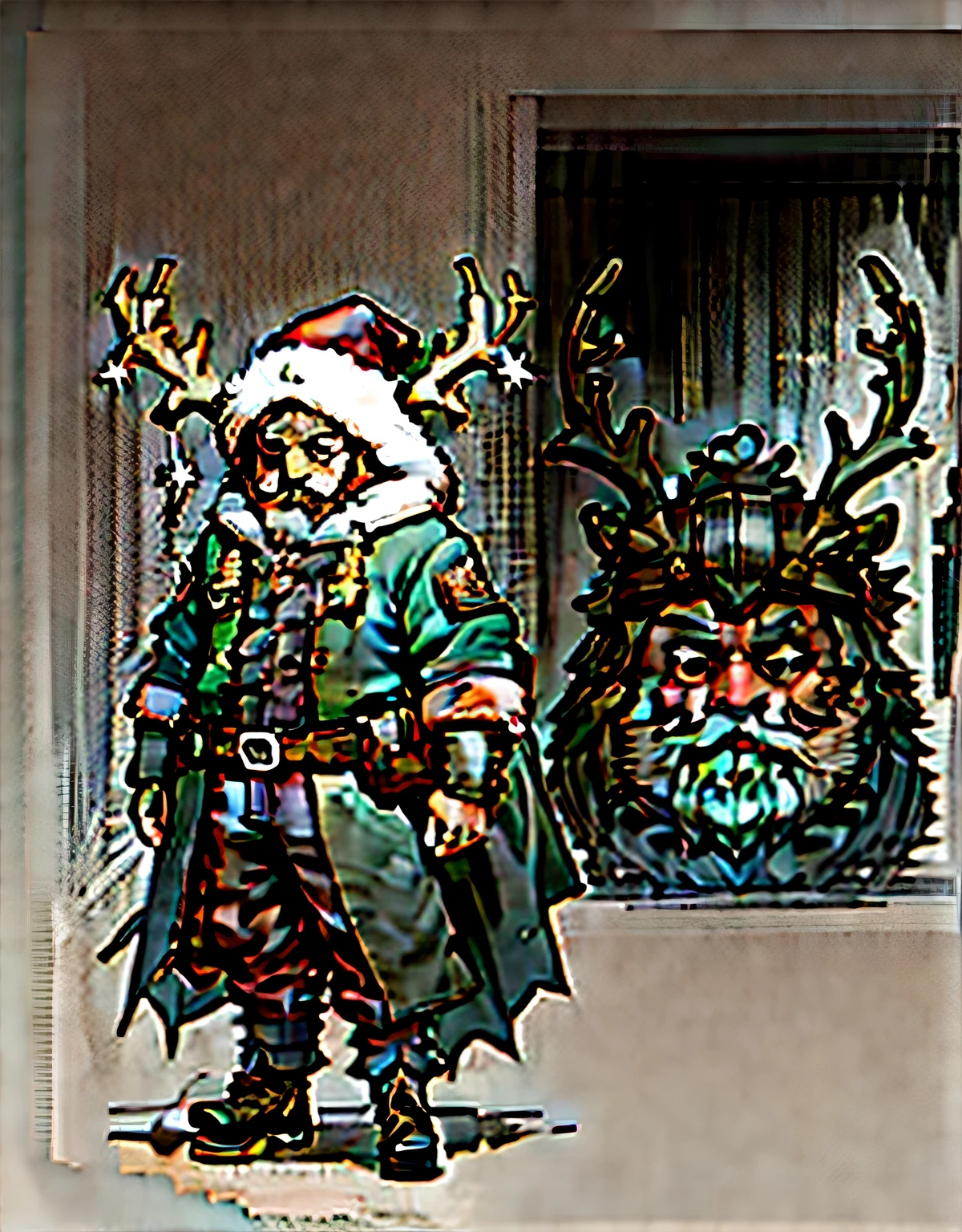 antlers, covered eyes, wizard hat, santa hat, Surrealism, drop shadow, stereogram, tachi-e, pov, atmospheric perspective, high detail, Cubism, tachi-e, 8k, super detail, ccurate, best quality, 4K, UHD