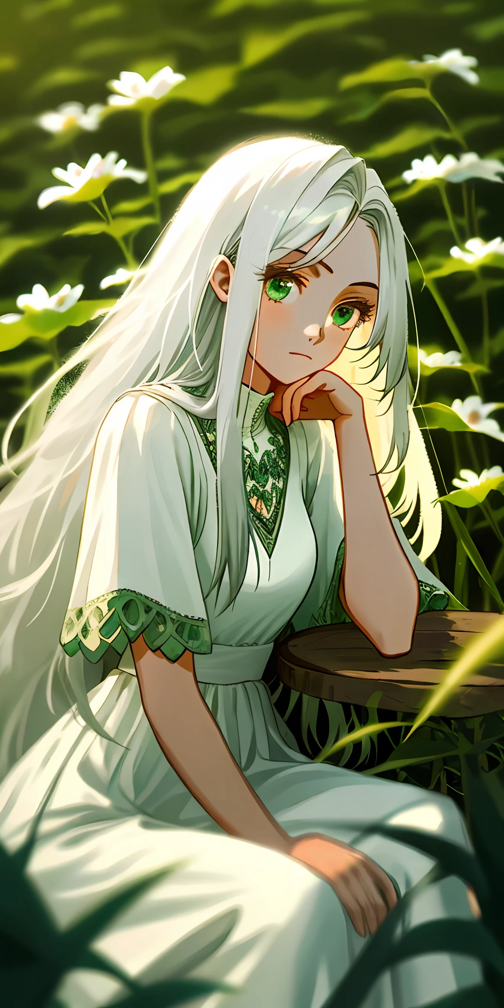 (masterpiece, best quality),1girl with long white hair sitting in a field of green plants and flowers, her hand under her chin, warm lighting, white dress, blurry foreground