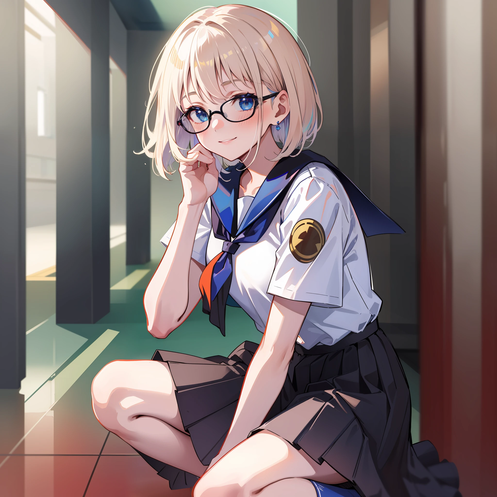 (masterpiece), ((highest quality)), (super detailed), 1 girl, (iridescent hair, colorful hair), school hallway, blue eyes, big black-rimmed glasses, medium short hair, squatting, , school uniform, skirt, socks, seraphk, neckerchief, sailor color, pleated skirt, white socks, blue skirt, short sleeve, shirt, white shirt, blue sailor collar, blue neckerchief ,, Blush, bangs, smile, blue eyes, perfect hands, hand details, corrected fingers. earrings, looking_at_viewer, cowboy shots, top quality, rich details, perfect image quality,