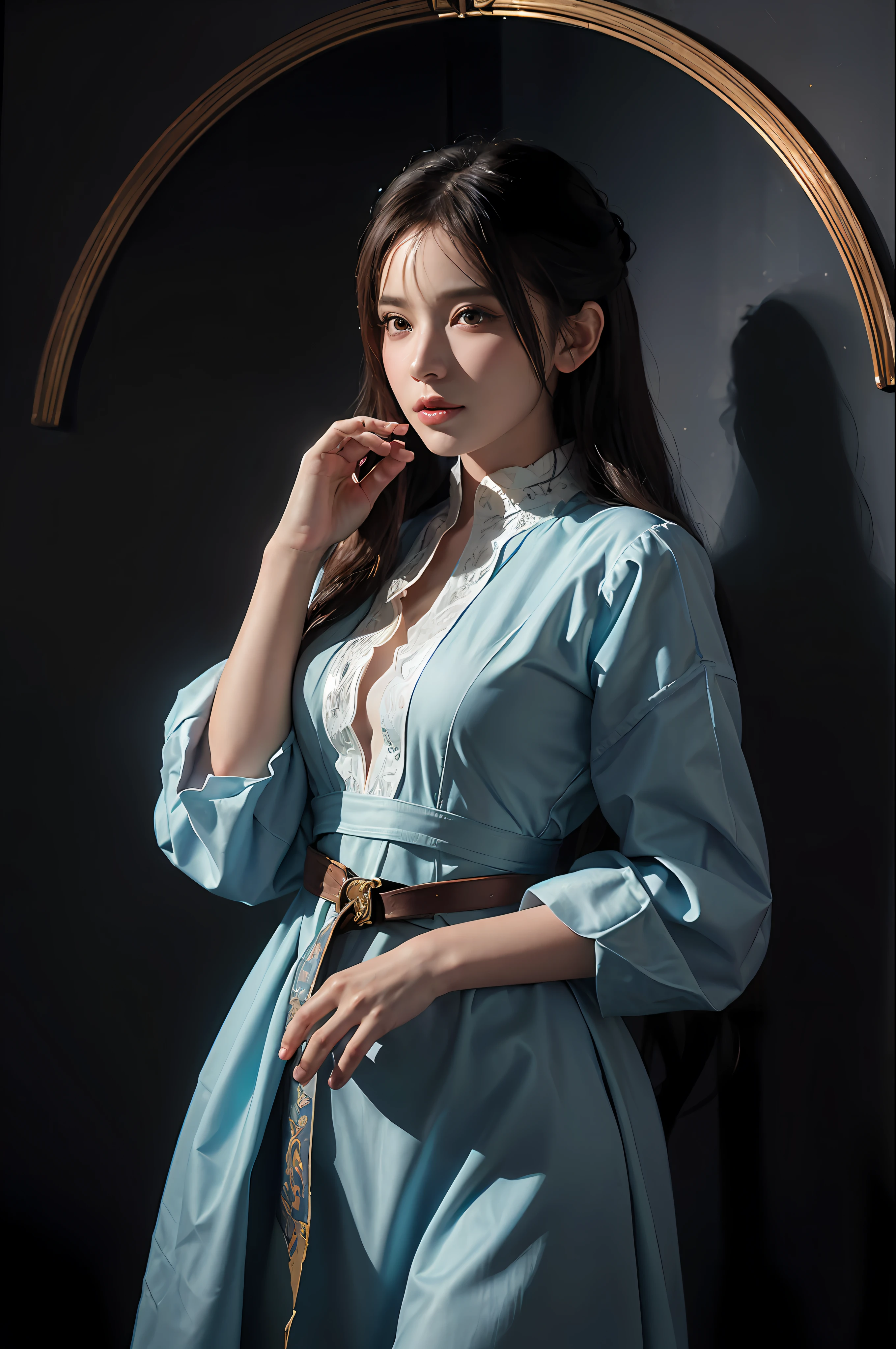 Hyperrealist portrait of female by david hockney and alphonse mucha,fantasy art, photo realistic, dynamic lighting, artstation, poster, volumetric lighting, very detailed faces, 4 k, award winning,, 1girl, in the dark, deep shadow, low key,cowboy shot,(official clothing:1.4) ,long hair,white hair,