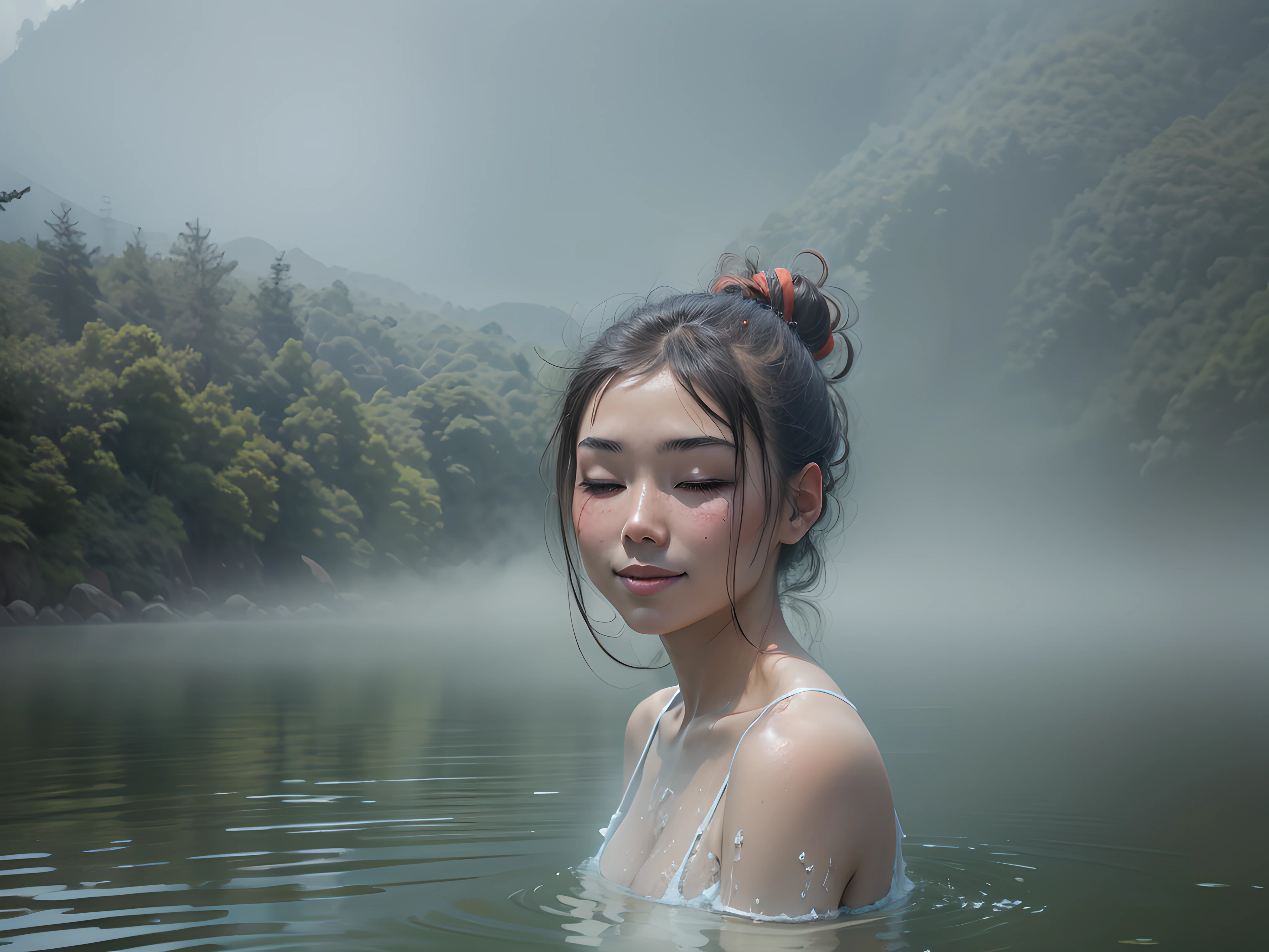 Young woman, little smile, eye closed,
Alishan hot spring, fog, body in water,