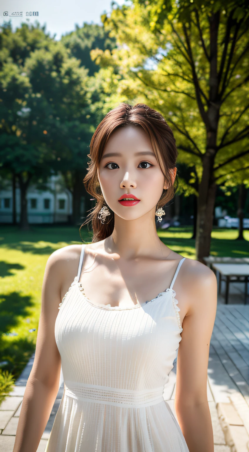 (8k, RAW photo, best quality, masterpiece:1.2), (realistic, photo-realistic:1.37), professional lighting, photon mapping, radiosity, Korean Doll, park, white summer dress
