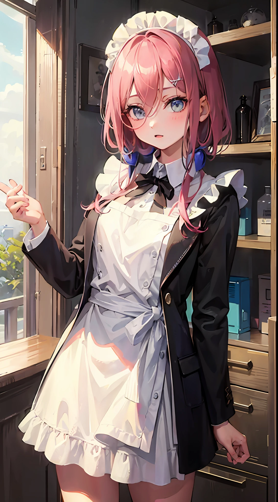1girl in, nakano miku, mansion, Dark oak decoration, (maid suit)