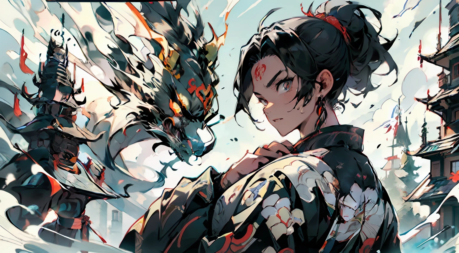 1man, medium distance, apreciar o fundo, An anime poster (Demon Slayer anime style), jovem, Oni hunter, Cabelo laranja, olhos laranja, roupa branca, Hatred, sopro de vento, Sanemi's Breath, cortes no ar, display of hairstyle with ponytail, kimono japanese, Demon body uniforms, corpo magro, olhos afiados e ferozes, masculino, desenhos diferentes, efeitos especiais de fluxo, Fundo floresta, Impacto visual, art of dragon, wind dragon around, dedos humanos reais, manga style art, arte estilo anime, laranja claro e preto claro, Action painting, ukiyo-e, nichirin laranja, katana japonesa, Demon Slayer, Kimetsu does not Yaiba style, fundo castelo infinito de kimetsu no yaiba, Infinite Castle Demon Slayer Fund