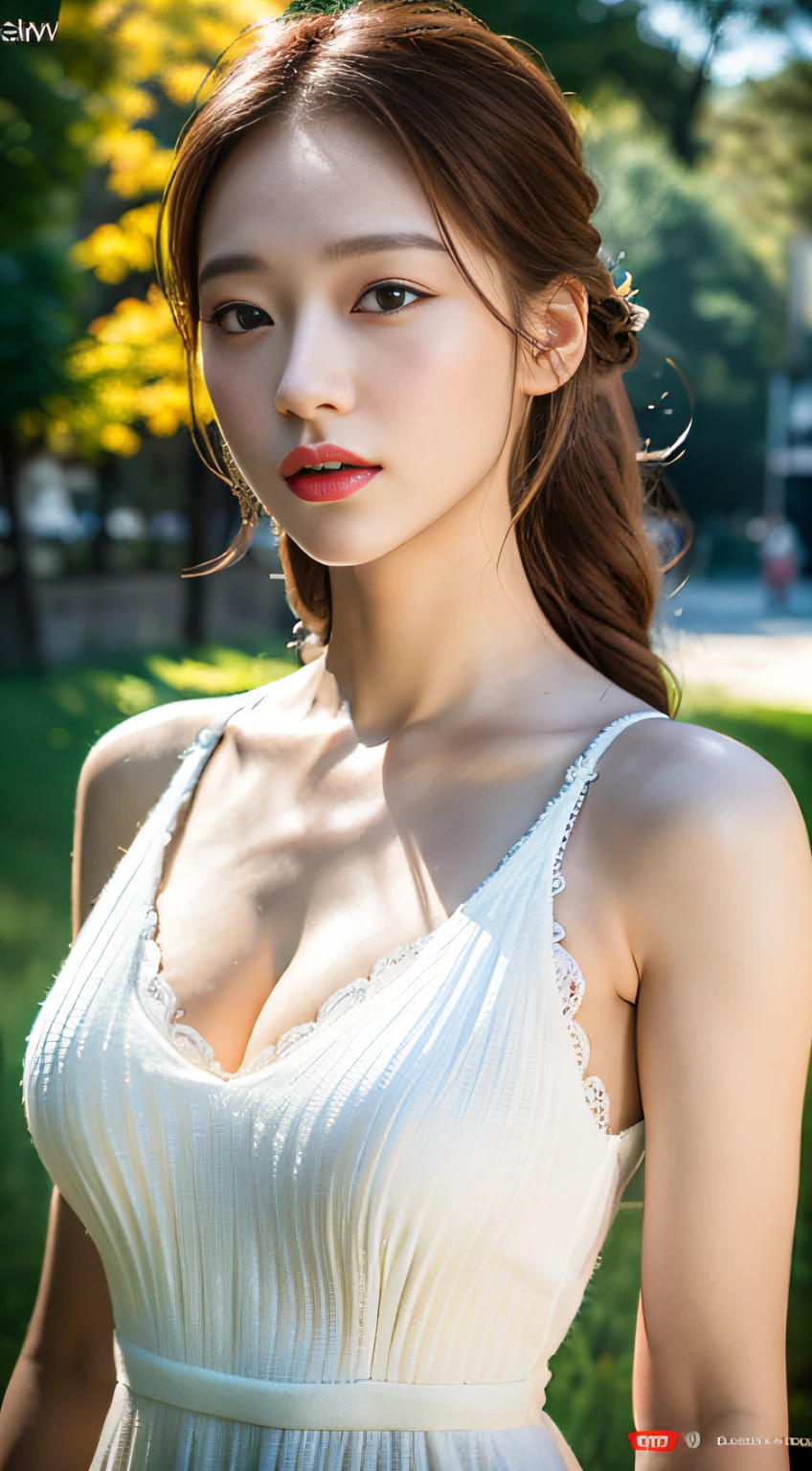 (8k, RAW photo, best quality, masterpiece:1.2), (realistic, photo-realistic:1.37), professional lighting, photon mapping, radiosity, Korean Doll, park, white summer dress