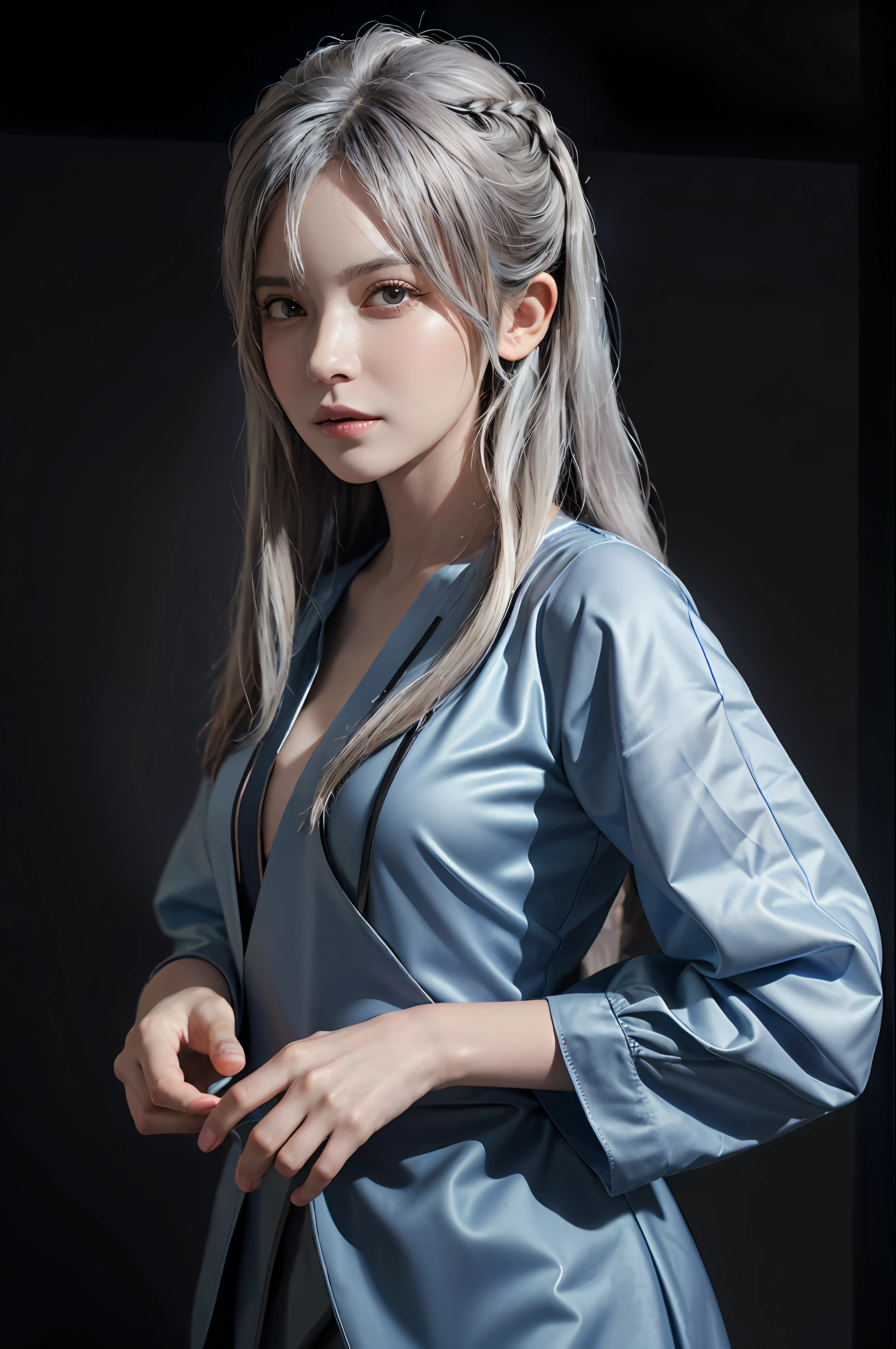 Hyperrealist portrait of female by david hockney and alphonse mucha,fantasy art, photo realistic, dynamic lighting, artstation, poster, volumetric lighting, very detailed faces, 4 k, award winning,, 1girl, in the dark, deep shadow, low key,cowboy shot,(official clothing:1.4) ,long hair,white hair,