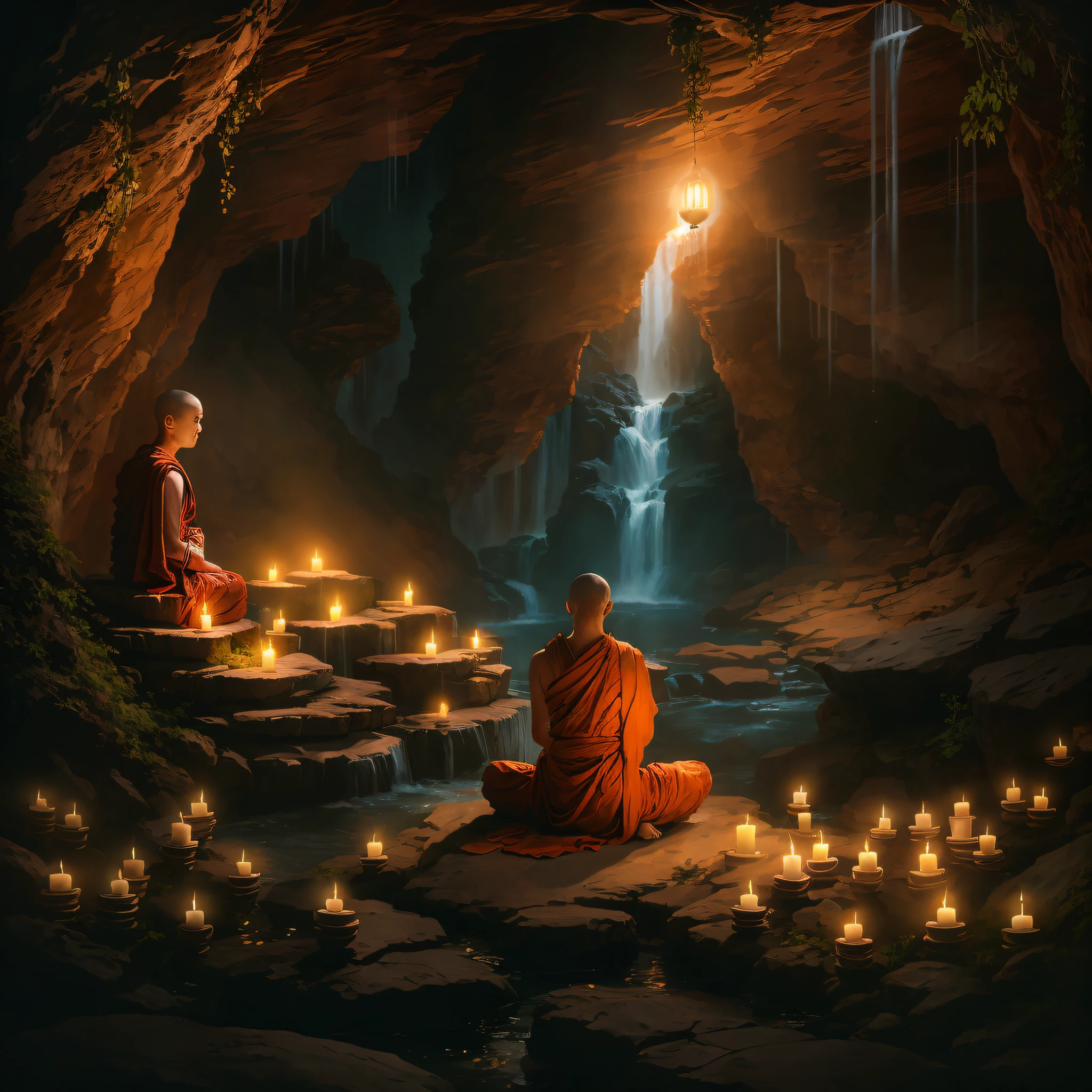 buddhist monks sitting in a cave with candles in front of a waterfall, monk meditate, buddhist monk meditating, beautiful fantasy cave scene, hindu stages of meditation, tithi luadthong, buddhist, james gurney and andreas rocha, spiritual enlightenment, by John La Gatta, buddhism, nocturnal spiritual scene, buddhist monk, by Mike Winkelmann