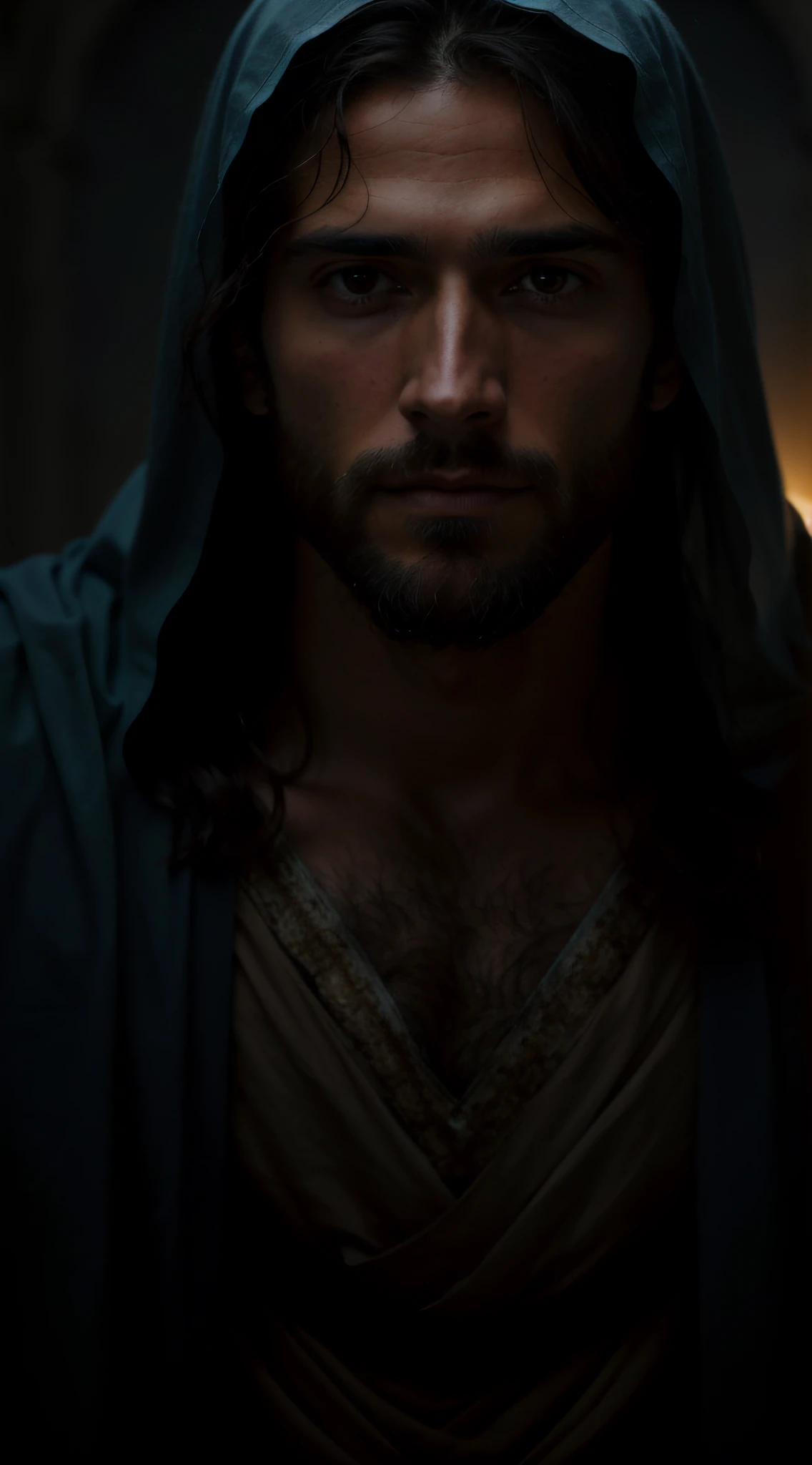 JESUS CHRIST next, clarear foto, epic realistic photo, Soft cinematic portrait, hiperdetalhado, luzes quentes claras, dramatic light, Retrato de Jesus Cristo, Handsome man with fine features, Ultra-realistic skin with expression marks, olhos castanhos esverdeados, cabelo comprido castanho solto, with medium-sized beard, semblante triste, olhar triste e marcante, olhando para frente, vestes fechadas sem aparecer o peito, 8k, papel de parede, hiperdetalhado, fotorrealista, complex background with rays of light in the Catholic Church, pintura religiosa de Jesus Cristo, semblante de Jesus Cristo, foto de jesus.