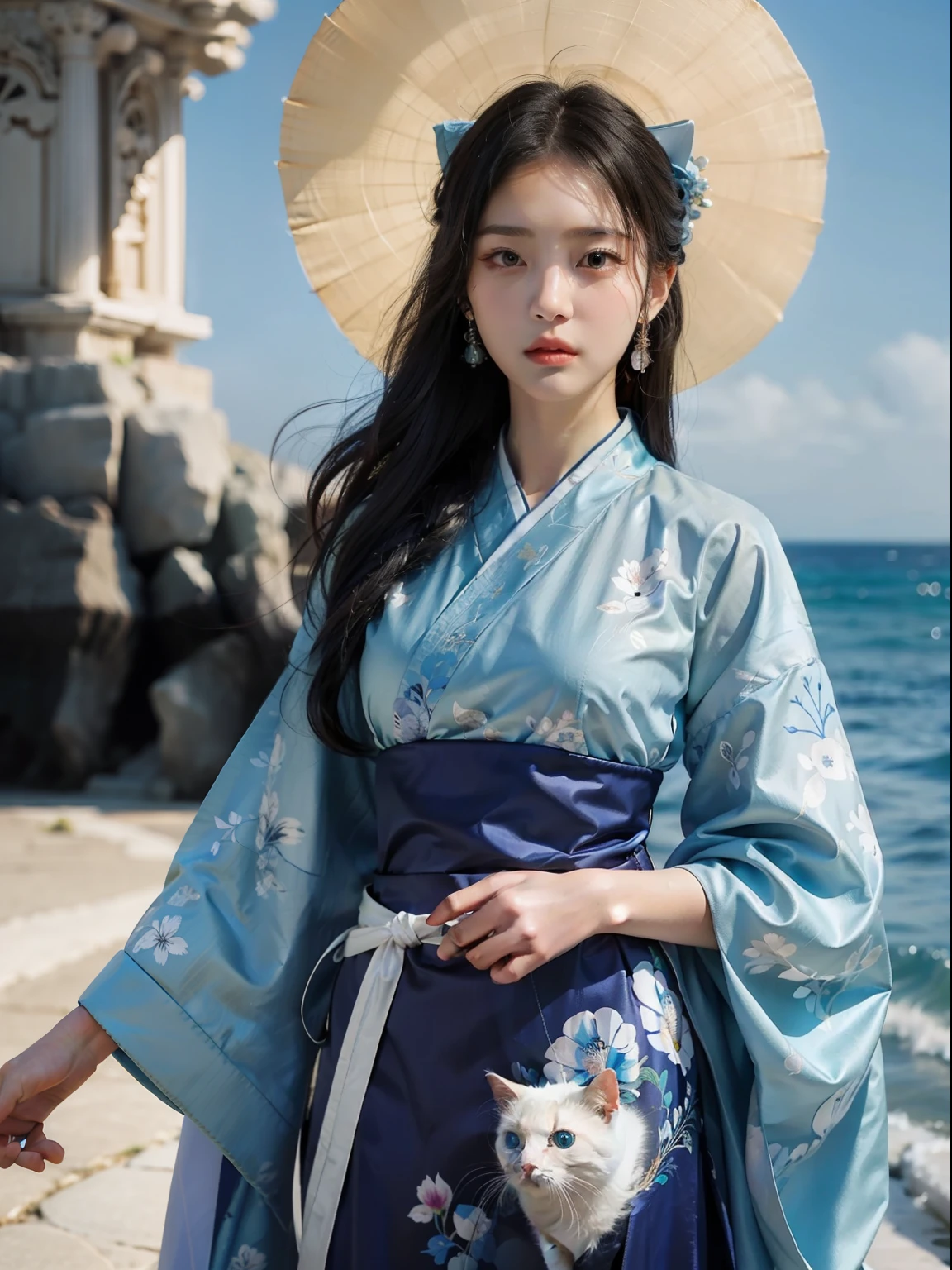 tmasterpiece，hyper HD，16k,best qualtiy，high detal，textureskin，exquisite facial features，Detailed eye details，A girl in a blue Hanfu and a white cat，Have by the sea