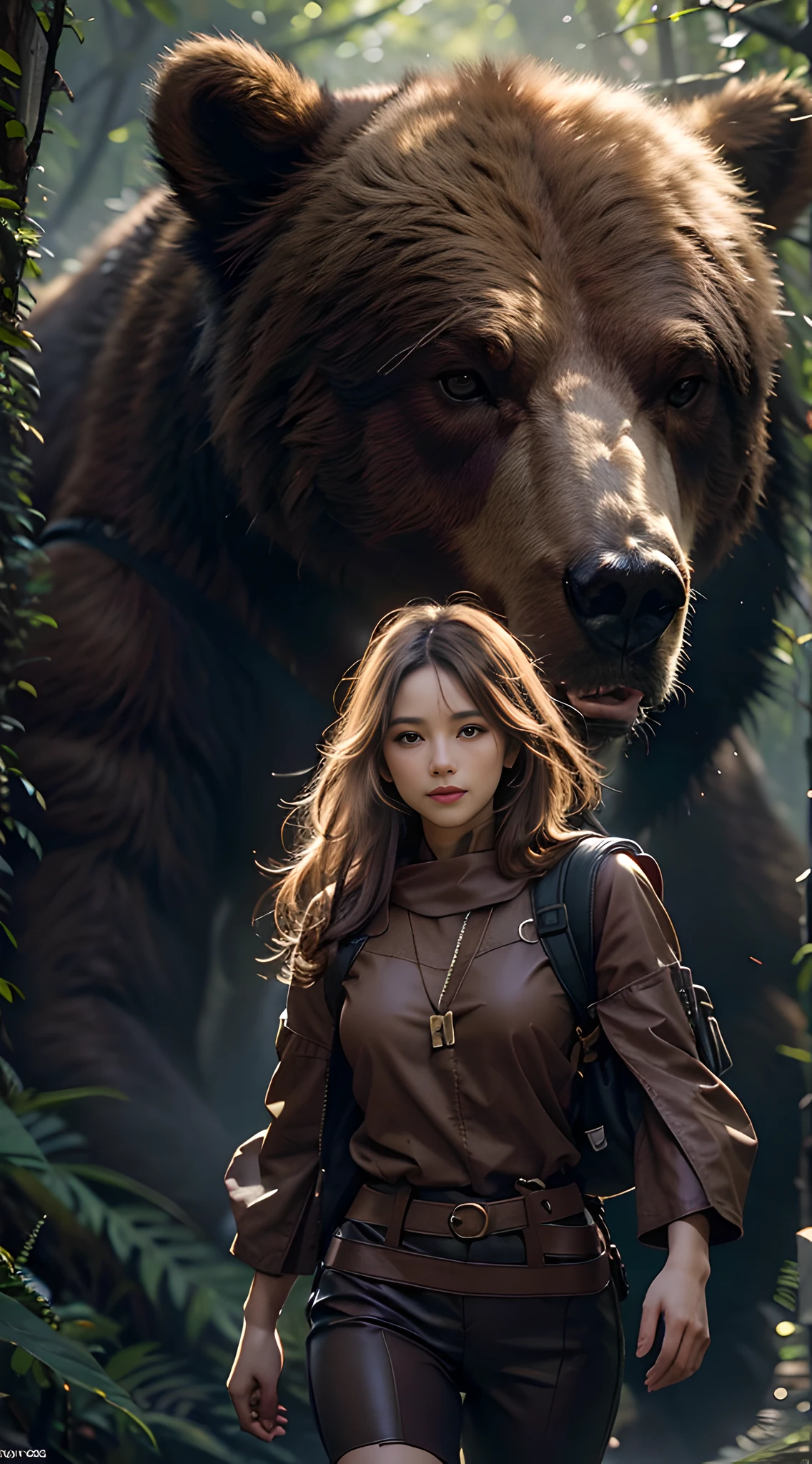 Illustration with the theme of bears and girls, （A girl with delicate and beautiful facial features, There is a fierce brown bear next to it）, （Adventurer costumes and backpacks）Background with（Dense primeval forest+waterfallr）, （Clear facial features）, Walk through primeval forests, poison fangs, Seductive smile, surrealism, Chiaroscuro, Cinematic lighting, Ray tracing, projected inset, first person perspective, Wide shot, Sony FE GM, hyper HD, Masterpiece, ccurate, Textured skin, High quality, High details, Super detail, Best quality, A high resolution, 8K