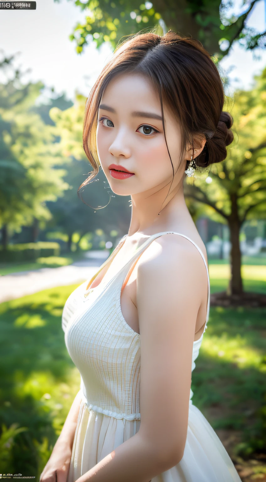 (8k, RAW photo, best quality, masterpiece:1.2), (realistic, photo-realistic:1.37), professional lighting, photon mapping, radiosity, Korean Doll, park, white summer dress