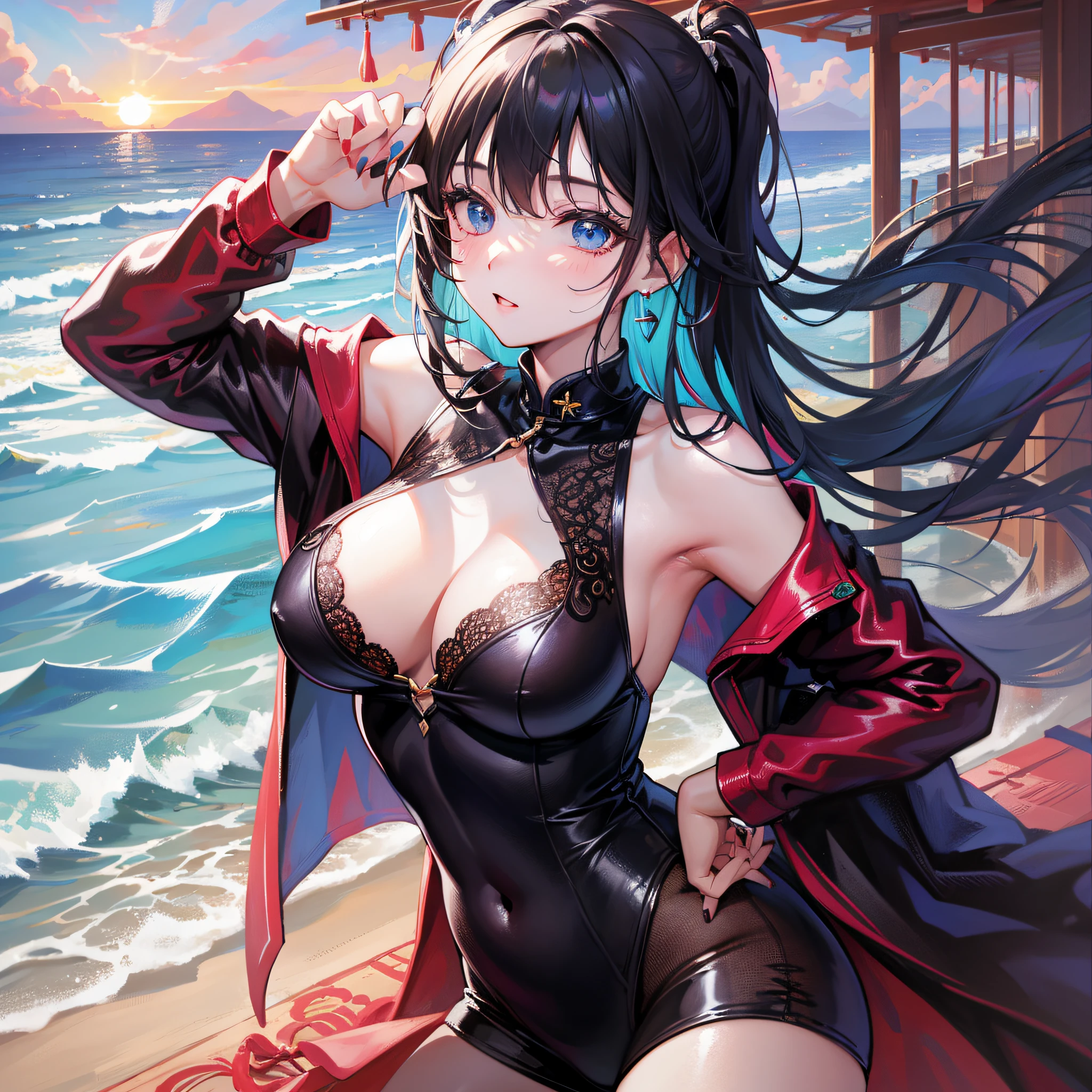 Seventh March, Seventh_Marchen, 1girll, 独奏, ((on cheongsam)),(cleanness:1.2), Fair thighs, nedium breasts,Bigboobs,, beachside ,Get wet, pony tails, Blue earrings,house, long whitr hair, looking at viewert, Short pink nails, Blue eyes, 独奏, upper legs, ((Black lace)),((tmasterpiece:1.1)), nameplate, ID tags, the sea, Be red in the face, A sexy pose, with hands behind her back