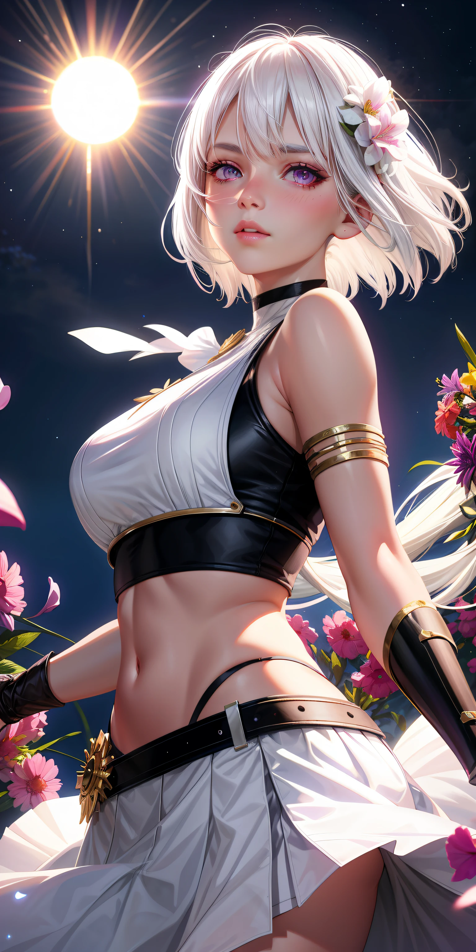 realistic, 1girl, white hair, purple eyes, glowing eyes, crop top, skirt, parted lips, blush, night, flowers, sun, sunlight,