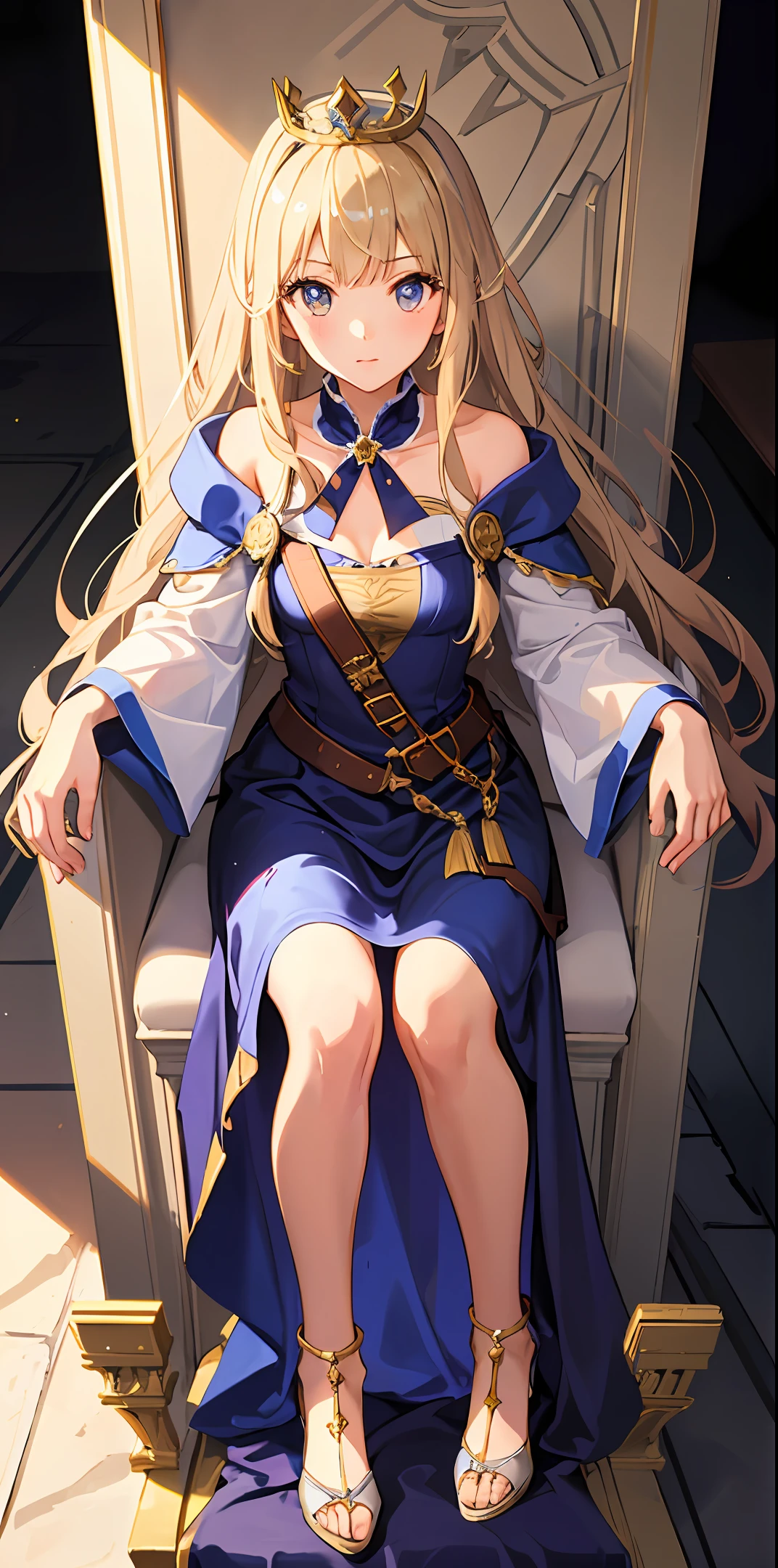 1girl, mirai, Princess outfit, tiara crown, golden colored, ((throne)), in a castle, medieval times