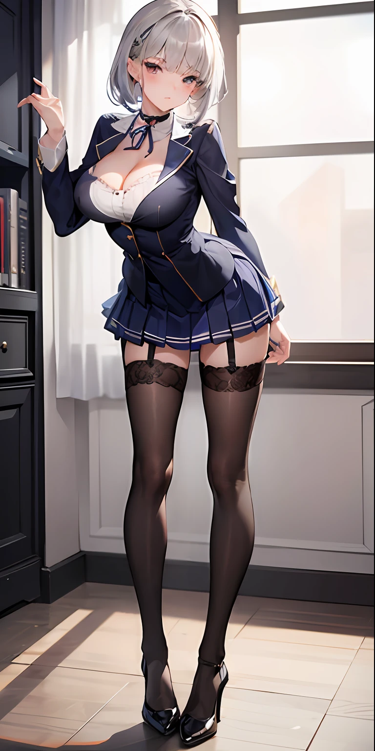 (masterpiece), best quality, perfect face, 1girl, mature woman, leaning forward, long grey hair, large breasts, hanging breasts, cleavage, narrow waist, lolita, ultra short skirt, choker, ((school uniform:1.2)), full body, black high heels, garters, lace stockings,long and slender legs, beautiful legs,erotic