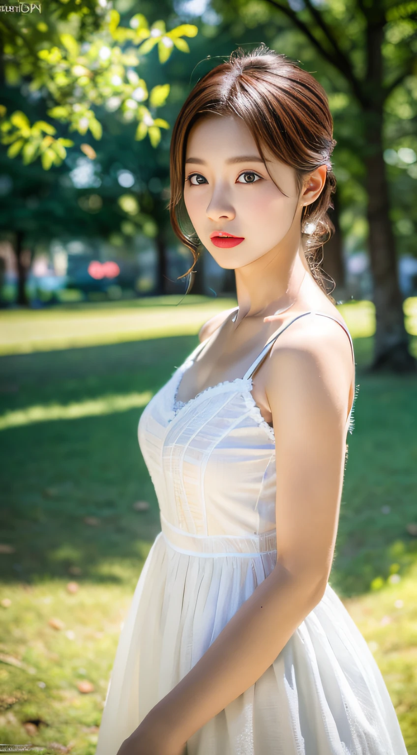 (8k, RAW photo, best quality, masterpiece:1.2), (realistic, photo-realistic:1.37), professional lighting, photon mapping, radiosity, Korean Doll, park, white summer dress