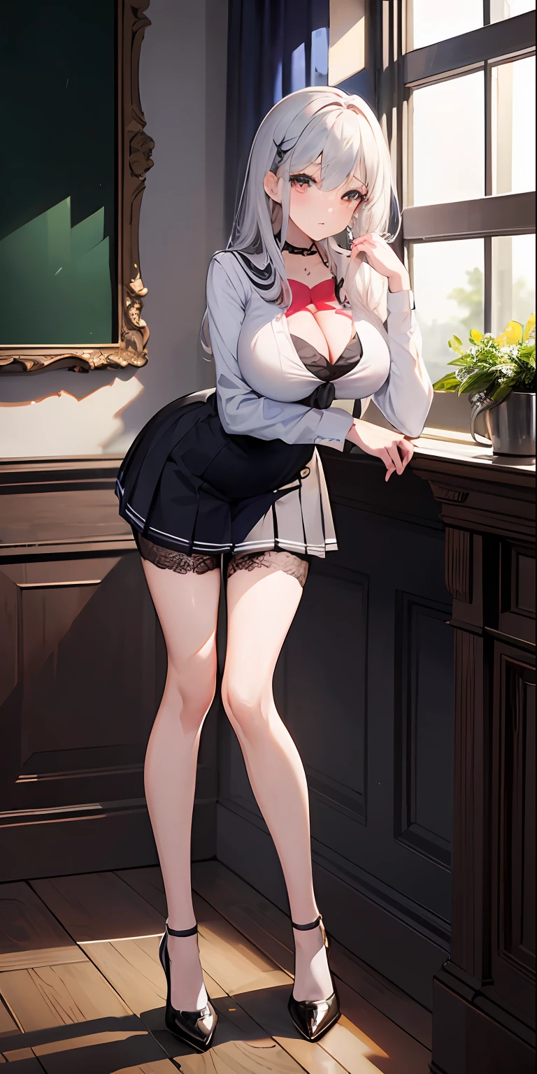 (masterpiece), best quality, perfect face, 1girl, mature woman, leaning forward, long grey hair, large breasts, hanging breasts, cleavage, narrow waist, lolita, ultra short skirt, choker, ((school uniform:1.2)), full body, black high heels, garters, lace stockings,long and slender legs, beautiful legs,erotic