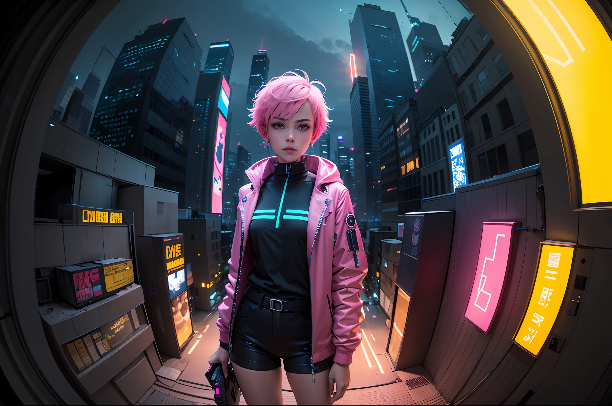 (masterpiece, 4k ,ultra detailed:1.2),(anime:1.2),illustration,(realistic:1),
(solo:1.4),
(panorama,Two-point perspective:1.4),aerial shot,(fisheye:1.2),
(landscape,outdoor,night,midnight,cyberpunk,rooftop,sky:1.2),(skyscraper,cityscape:1.4),
(neon sign,blue neon,pink neon,yellow neon:1.4),
(short hair:1.2),(supermodel:1.4), transparent clothes, stockings, model posing, photography, neo coothes , collar, techwear