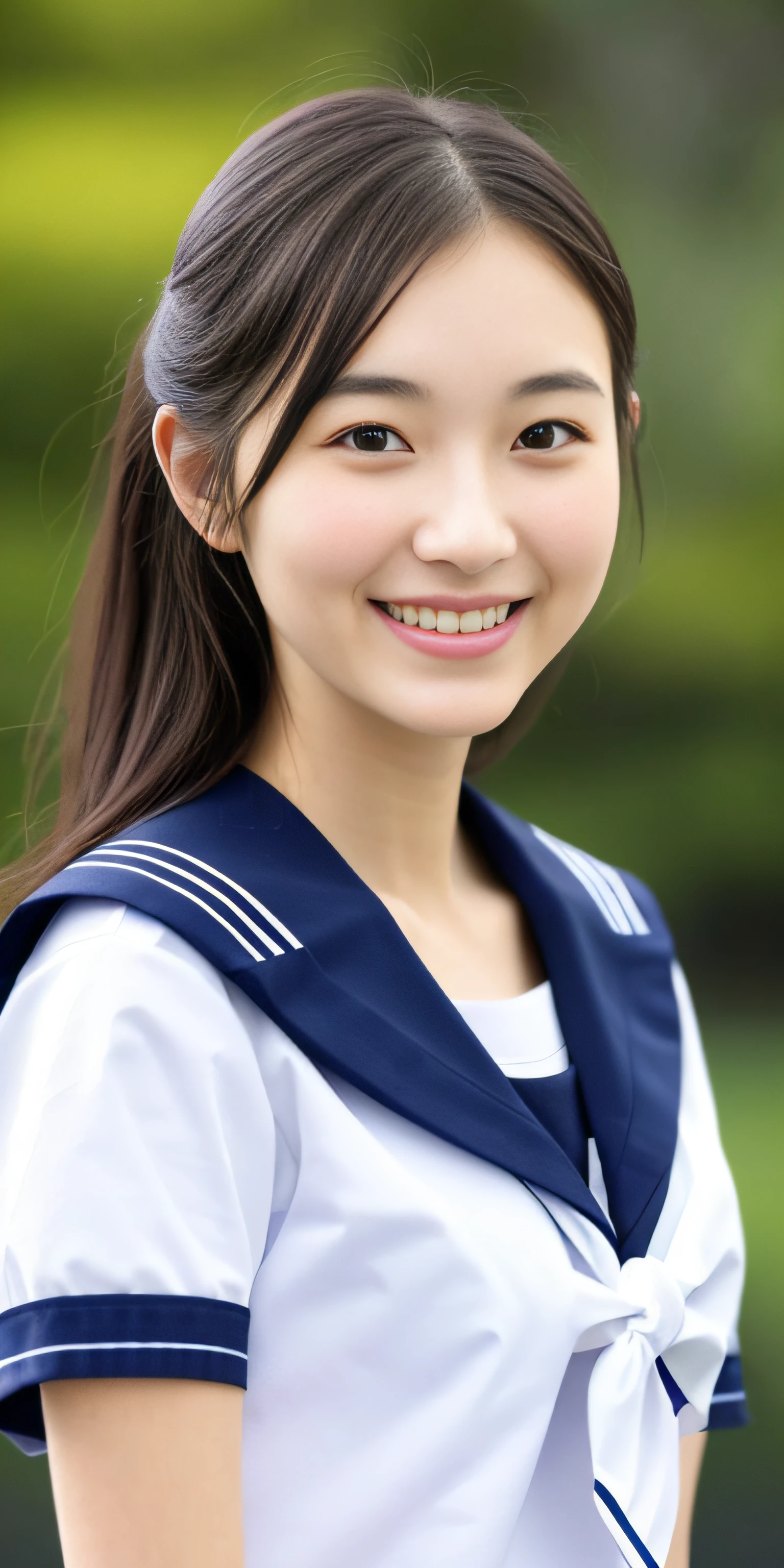neat college girl、(student clothes、a sailor suit、summer clothing、The upper body is white、Chest ribbon knot、shortsleeves)、athletic field、(Slimed)、Photorealsitic、detaileds, Skin Texture, ultra-detailliert、Delicate and sexy collarbone、A smile、A detailed face、Detailed lips、A detailed eye、二重まぶた、tiny chest、Smaller chest、small tit、Small、flat breast、Emphasized chest