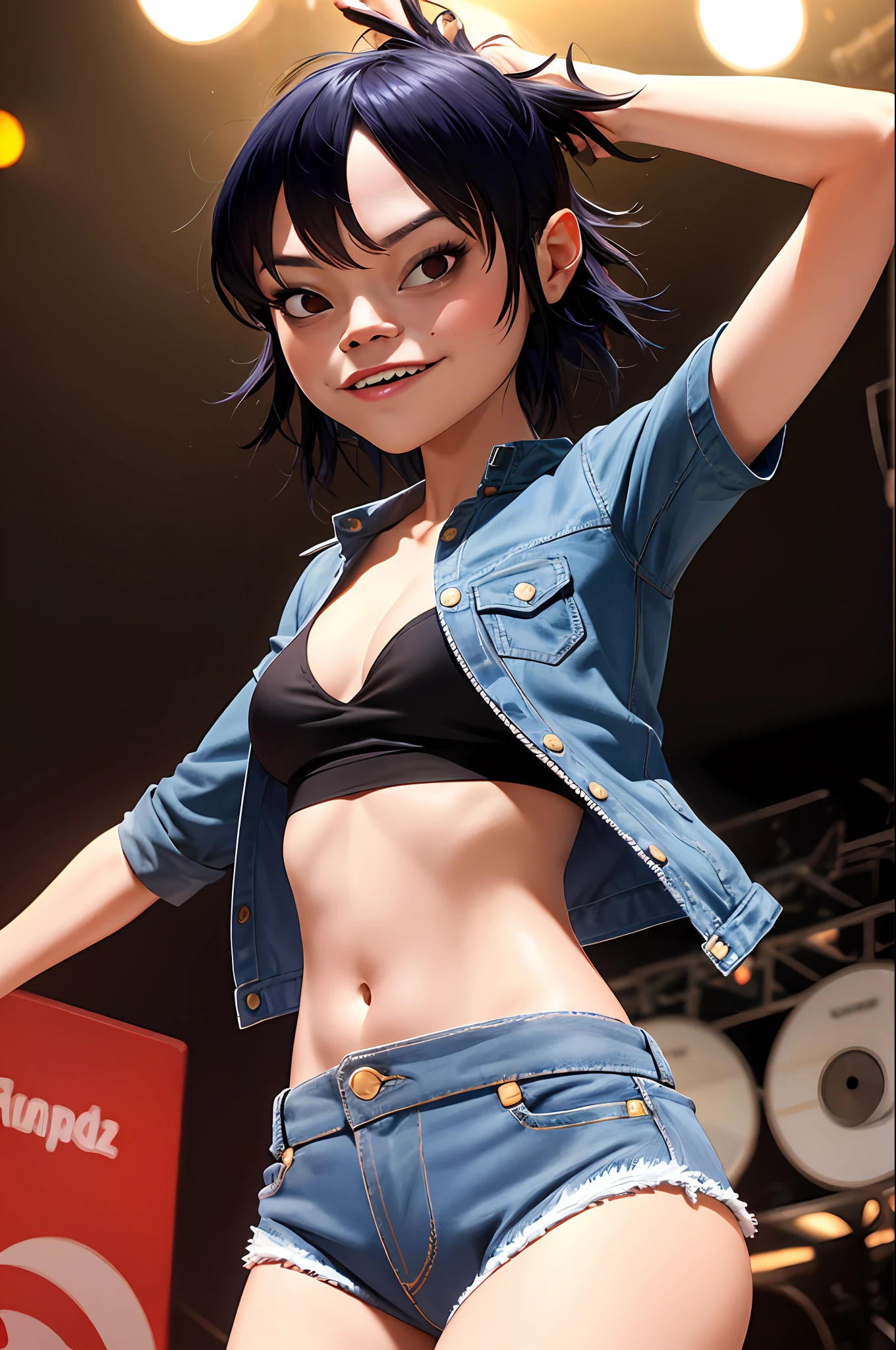 (masterpiece, best quality:1.2), noodle (gorillaz), black hair, 1girl, short hair, streaked hair, black eyes, multicolored hair, looking at viewer, smile, bangs, parted lips, solo, small breasts, stage, bob cut, sparkle, stage lights, unzipped denim mini shorts, cleavage, cropped jacket, blush, grin, underboob mini tee, sexual expression, seductive pose