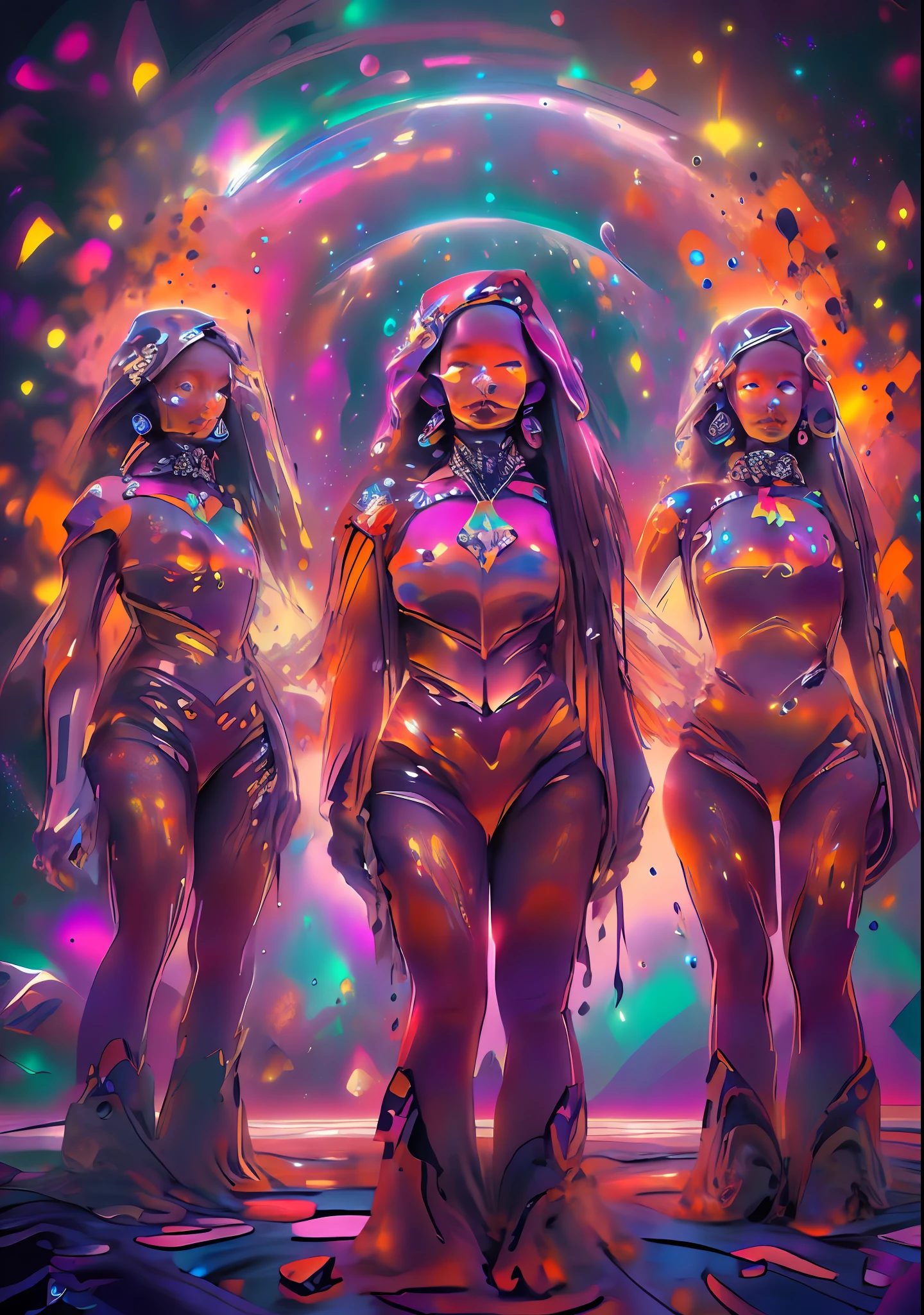 (High resolution, incredibly detailed, masterpiece),ultra hd, airbrush painting of  3 native american girls with a galaxy shaped vortex of stars behind them, whole body posture,performing a ritual,featuring fractal geometry in (vibrant colors:0.7), set against a (galactic background:1.3), bringing together complex and psychedelic mesmerizing shapes and patterns,dmt experience,mushroom trip,soundsystem,speakers,starlight.