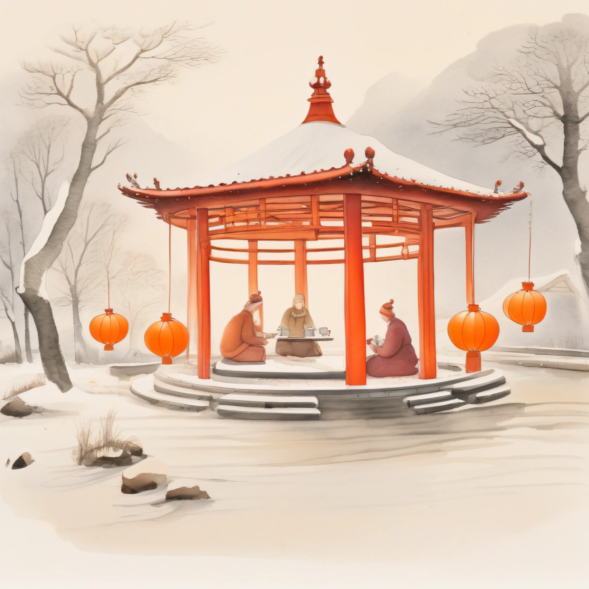 Snowy days in the Long Pavilion， The two sat opposite each other，Drinking tea， Boil snow on a red stove , The fire was raging, The fire is warm, Next to the long pavilion is placed orange lanterns