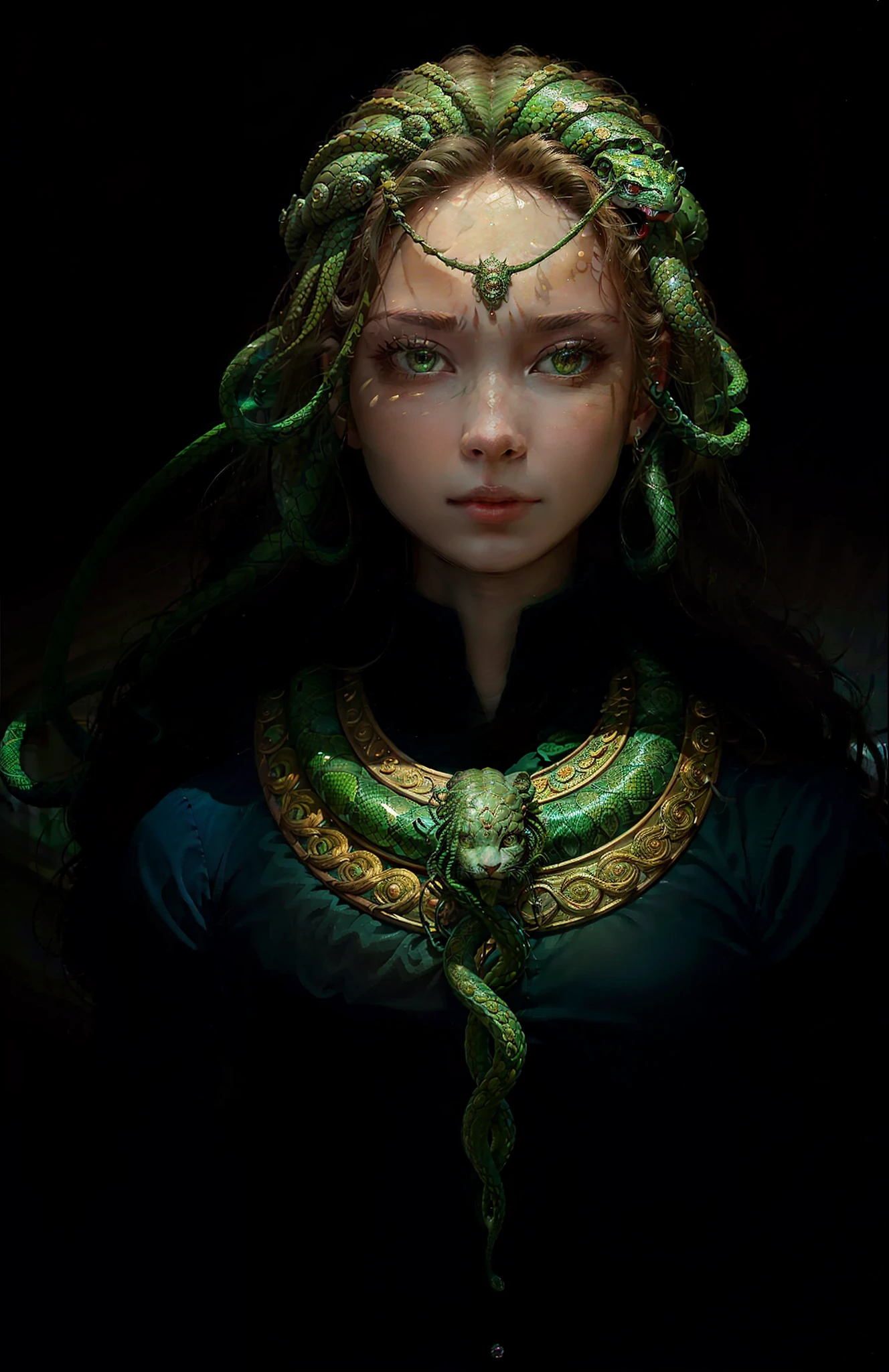 ((best quality)), ((masterpiece)), ((realistic)), Medusa, full body, the hair is composed of countless small snakes, green eyes, female face, metal carved top, royal aura, trend on artstation , sharp focus, studio photo, intricate detail, very detailed, detailed eye, illustration, very detailed, sharp focus, digital render, professional, 4k