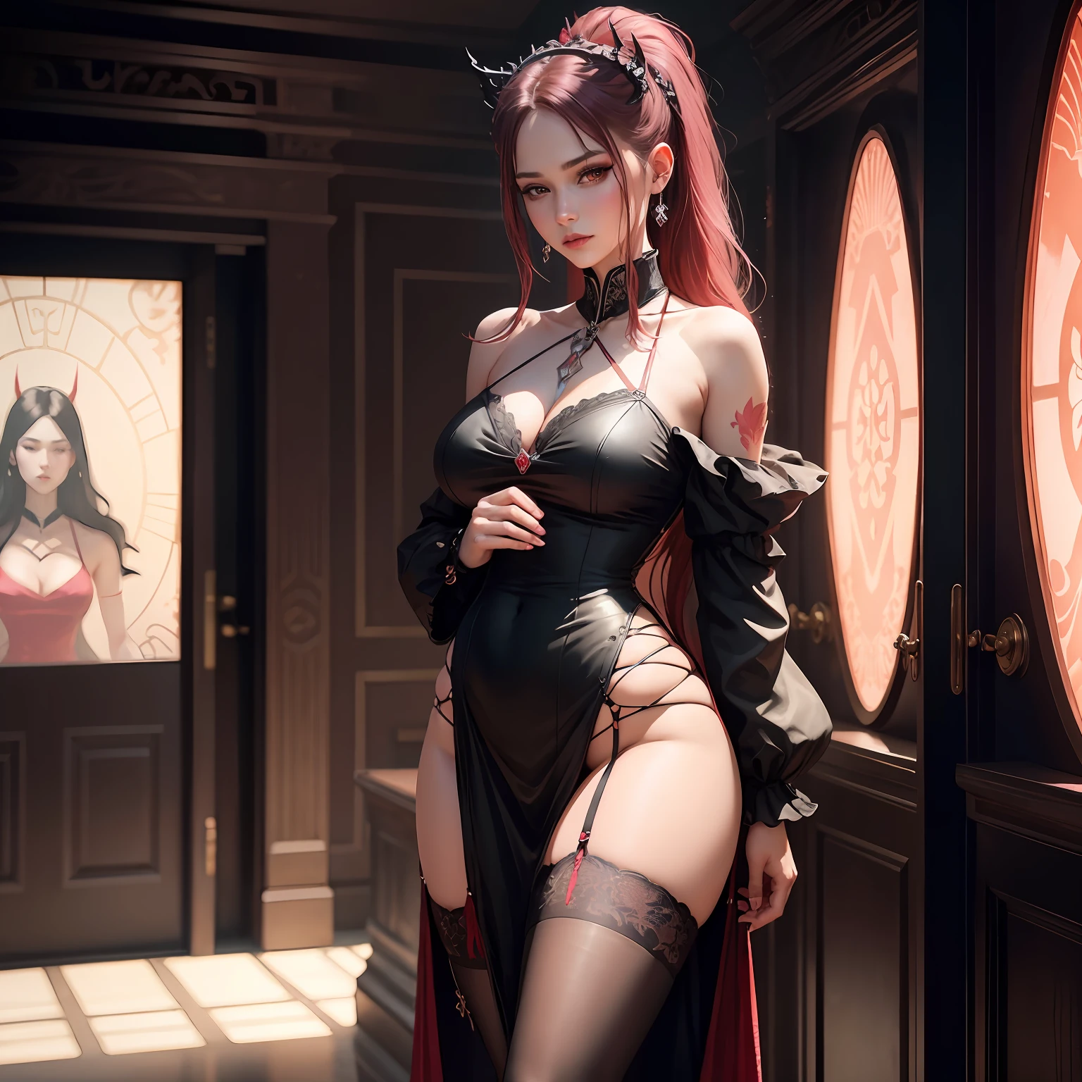 best quality, masterpiece, highres, more than one girl, lesbians, bedroom background, hanfu, white and even teeth, erotic pose, red irises, ponytail, very long hair, bdsm, chinese underwear, stockings, full body shot, shot from behind, seductive girls, high heels, high boots, choker, long gloves, hair ornaments, necklace, jewelry, crown jewelry. Pretty face, full body, magic import style, tyndall effect, photo realistic, dark studio, border light, two tone light, (high detail skin: 1.2), 8k uhd, dslr , soft light, high quality, volumetric light, candid, Photo , high resolution, 4k, 8k, Bokeh, (light pink lips), 1 beautiful demon from hell, In the Dark: 1.6), surreal full body of women by David Hockney and Alphonse Mucha, fantasy art, photorealism, dynamic lighting, station art, posters, volumetric lighting, highly detailed faces , super 8k, Awarded, in the dark, deep shadow, low light, cowboy lens, (Red phoenix shirt: 1.4), long hair, black hair, bust, luxury palace, Royal style family, devil's crown, red eyes with very sharp and detailed makeup, Best face, Very round and tight breasts, Surreal, chinese women's clothing, turtleneck polo lace top, charming smile, Beautiful eye makeup, guweiz, devil style, black lace stockings, mesh stockings with hooks on underwear, ponytail with a bow at the back, dark red lips, Devil tattoo on shoulder, wearing a nightgown thin lace deep slit chest red black, overcast and thunderous landscape, (full body), Close-up of main character, (Background detail 1.8), lace socks worn at the waist, moderately big butt, --auto