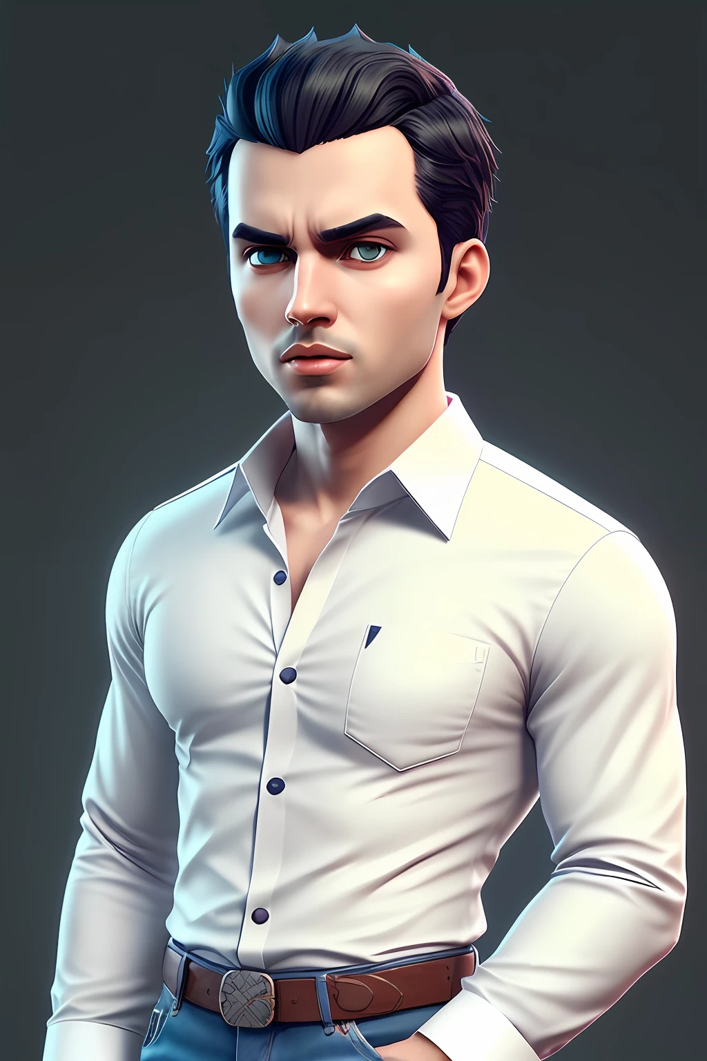 (cbzbb:1.25), Portrait of illustration of a tall man wearing white shirt and jeans, black hair without beard and glasses to be a virtual assistant of a chatbot, artstation, CGI_Animation,