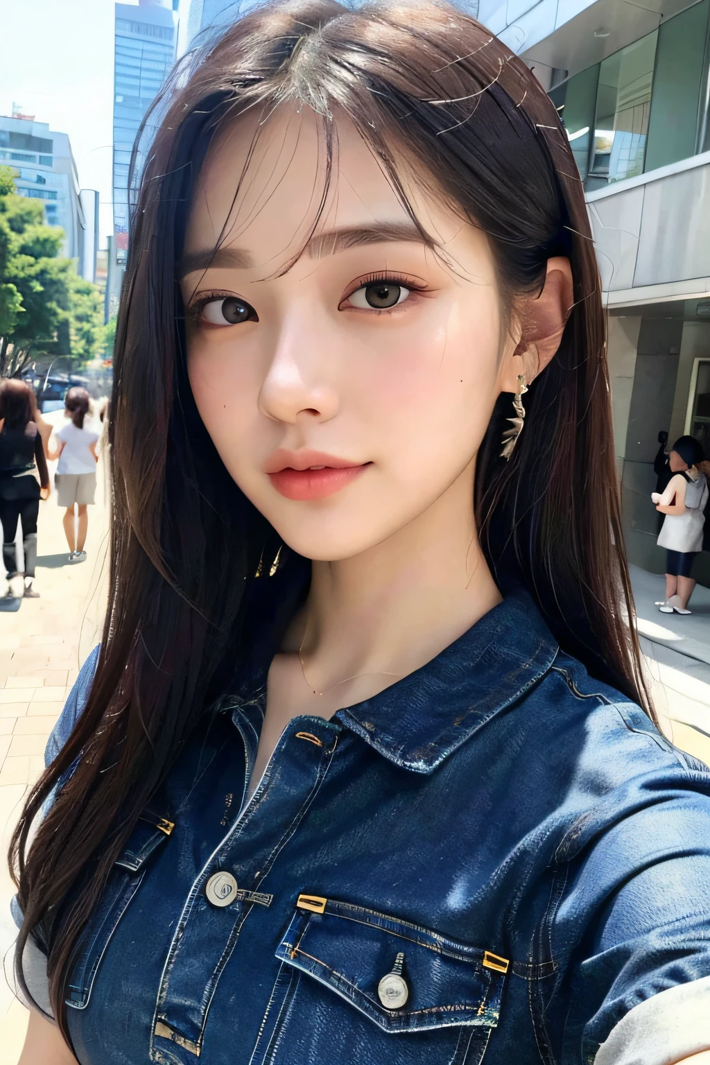 (8k, RAW photo, best quality, masterpiece: 1.2), ultra detail, super high resolution, (realistic, photo fidelity: 1.37), high detail RAW color photo, professional photo, a very delicate and beautiful, very detailed 8k wallpaper, amazing, fine details, huge file size, official art, extremely detailed CG Unity 8k wallpaper, extremely detailed beautiful girl, extremely detailed face, extremely detailed eyes, extremely fine skin, extremely detailed fingers, Extremely detailed nose, extremely detailed mouth, perfect anatomy, extremely detailed background, extremely complex background, extremely detailed clothing, 1girl, (18:1.2), teens, cute girl, famous Japanese idol, kawaii, realistic body, fair skin, shiny skin, slim figure, good figure, black hair, long straight hair, (blunt bangs: 1.2), smile, cute, young, cute face, pretty face, realistic face, small face, beautiful and delicate eyes, drooping eyes, beautiful big eyes, big black eyes, beautiful clear eyes, (frilled shirt: 1.2), short sleeves, skirt, belt, necklace, earrings, look at the audience, (denim lens: 1.2), front view, standing pose, opposite, outdoor, (daytime: 1.2), cityscape, depth, tokyo, street, professional lighting,