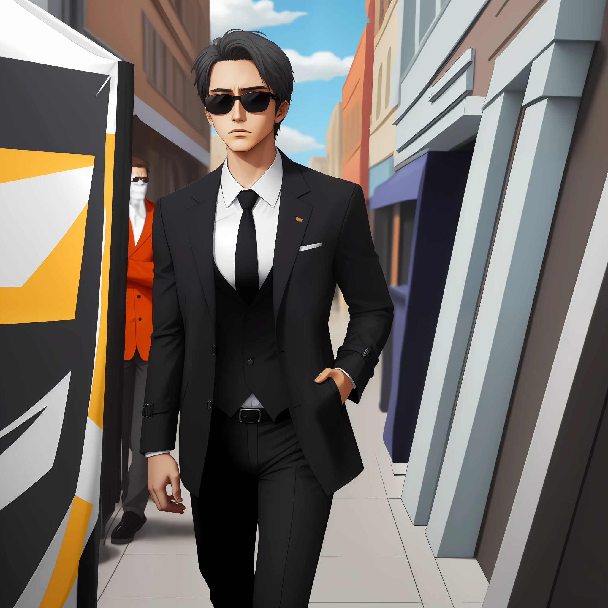 A ager in a black trench coat,Wearing sunglasses,Short dark gray shoulder-length hair,Business suit,Colorful,Pubic area is clear,HighestQuali
