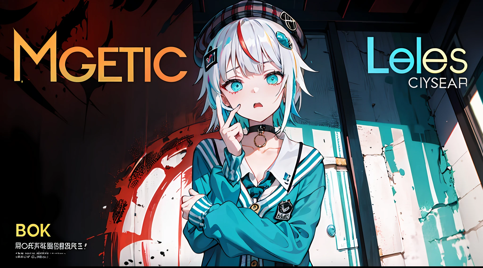 (((Dramatic)))、(((gritty)))、(((vehement))))The poster of the film appears as a central character。She is shy in the center of the poster、Wearing an idol costume、Has a determined look。The background is dark and rough、I feel like I'm drunk。Text is bold and eye-catching、Catchy slogans add to the overall drama and excitement。The color palette is dominated by dark colors.、Bright colors dotted、Make your poster dynamic and visually impactful、Tachi- e(magazine:1.3)、(cover-style:1.3)、独奏, Red gradient streak hair, short-hair, white  hair, lillie(Wakka), Black beret, plaid skirts, a choker, Cyan Sweater Jacket, shirt with collar, Black plaid tie, sleeves past fingers, bluntbangs、Fashionable、with a vibrant、outfits、the pose、the front、colourfull、Dynamic、Background with、element、self-assured、Expressively、ngel、statement、attachment、An majestic、coiled、surroundings、Touch、The scene、Texto、covers、boldface、grab attention、Titles、lo fashion、Font、Catchy、Titles、Large、grab attention、moderno、 Trendy、concentrating、Stylish、1 girl in,a miniskirt