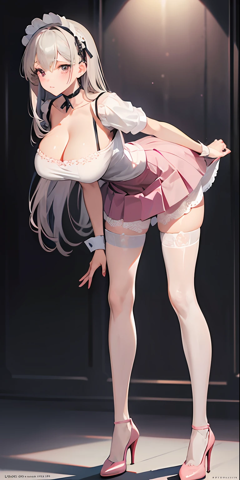 (masterpiece), best quality, perfect face, 1girl, mature woman, leaning forward, long grey hair, large breasts, hanging breasts, cleavage, narrow waist, ta, ultra short skirt, choker, pink shirt, pink skirt, full body, white high heels, garters, lace stockings,long and slender legs, beautiful legs,erotic