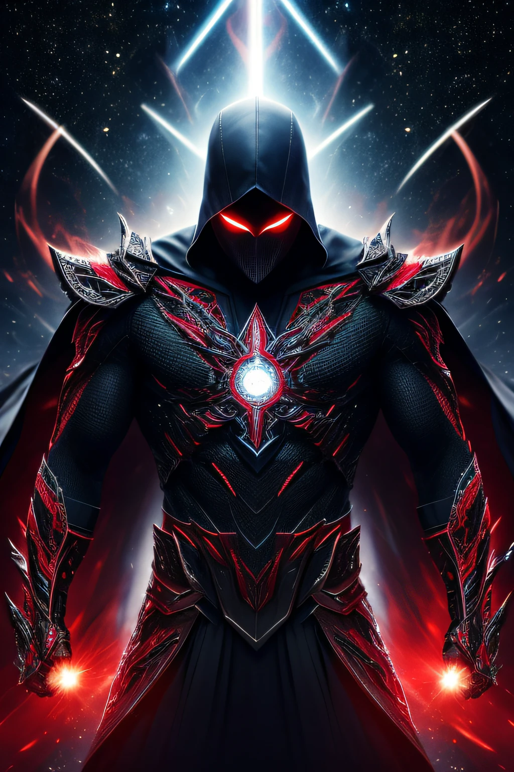 (Extremely detailed 8k wallpaper),，Top image quality ，tmasterpiece，Highest image quality，nigth：1.4)galaxias, reflection of light,Fighting posture，Blurred facial features，red - eyed，Bust photo，A medium-shot photo of a terrifying black-robed man, iintricate, High detail, Dramatic