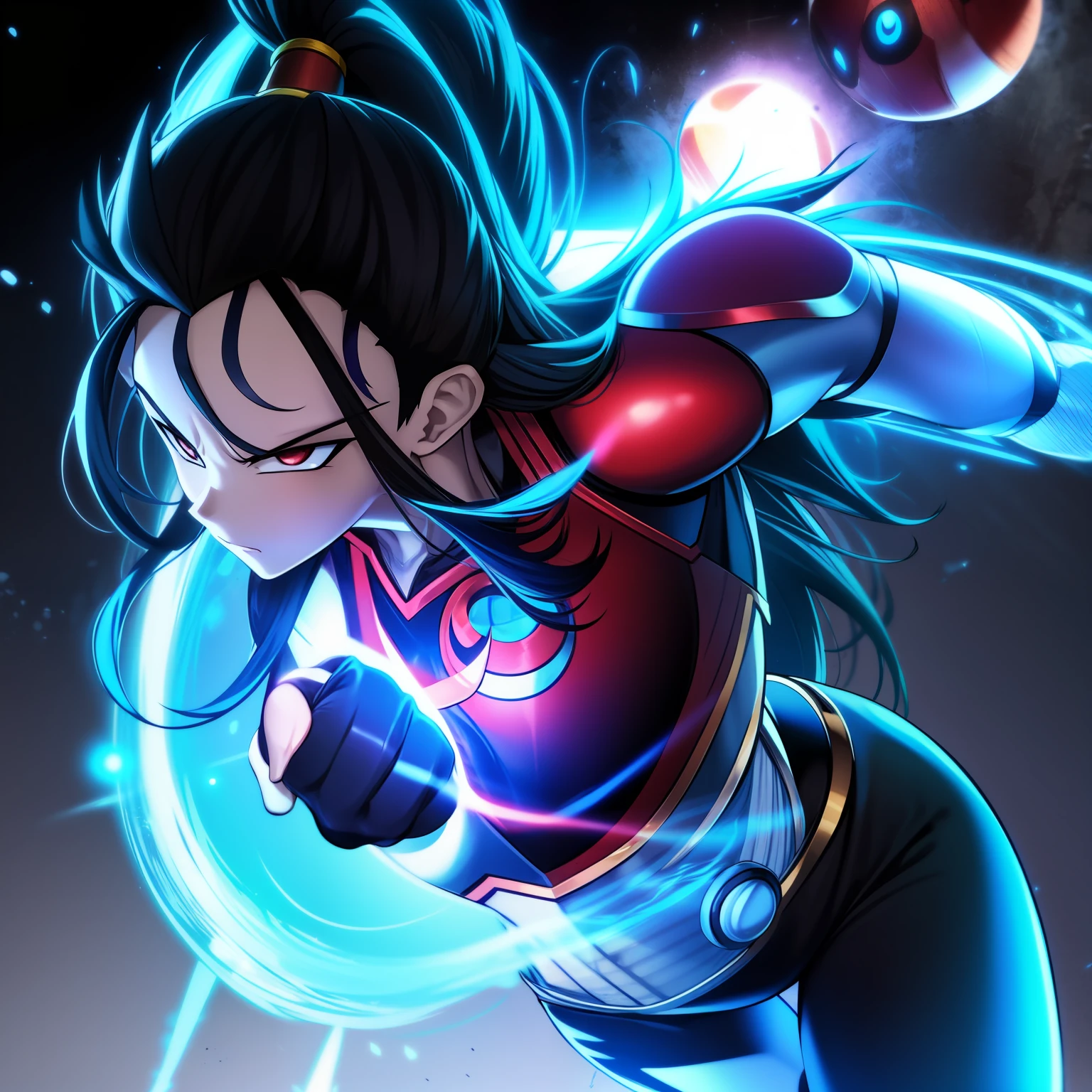 ((arte estilo anime)), guerreira espacial feminina, cabelos pretos amarrados, personagem guerreira com bola de energia estilo dragon ball, bola de ki, energy in the hands, raios no fundo, personagem carregando energia, Character with magic in his hands, ataque destrutivo, energy ball na cor azul.