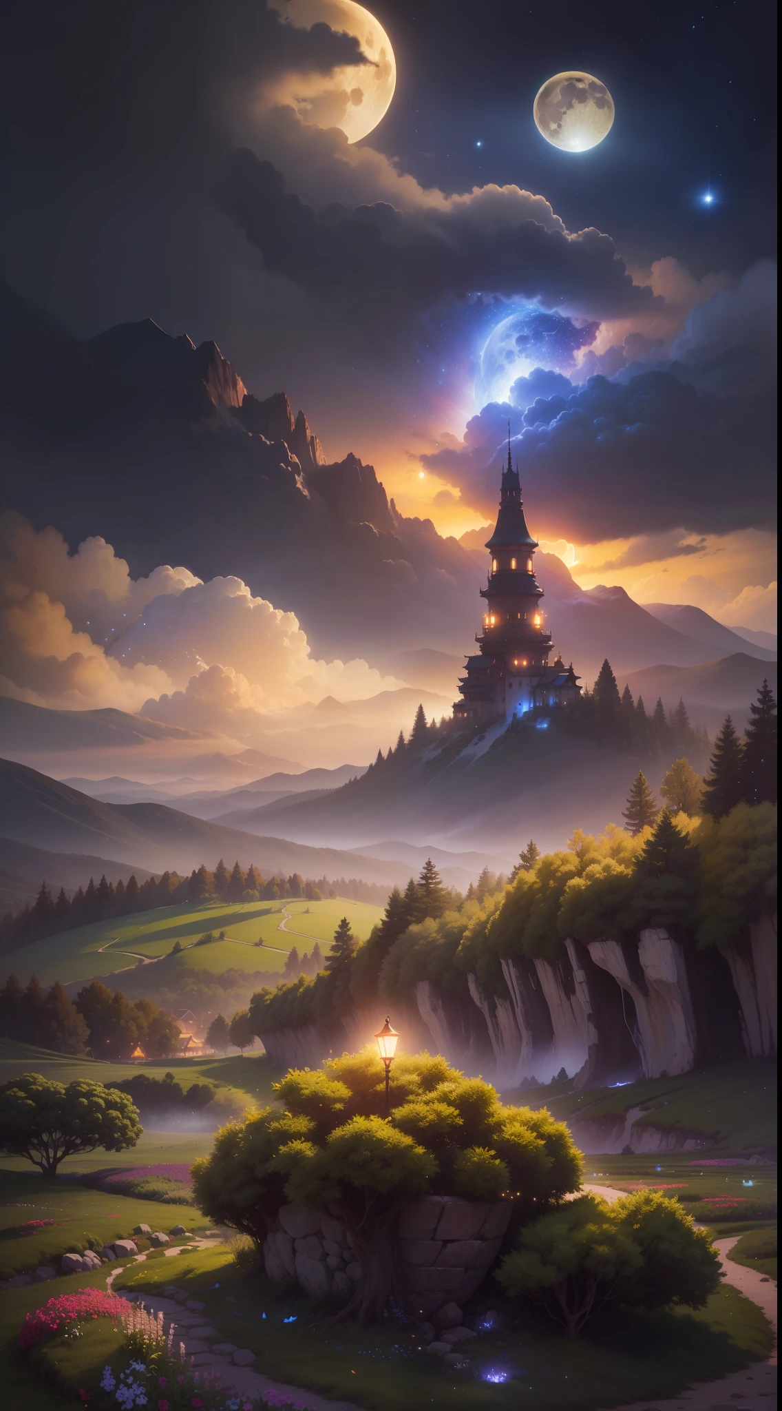 Vast landscape photos、(look from down,The sky is rising、The field is down)、Girl standing in a flower garden and looking up、(moon full:1.2)、(meteors:0.9)、(Starcloud:1.3)、mountain in the distance々、The tree々 BREAK Craft Art、(Warm light:1.2)、(glowworm:1.2)、A light、salama、butterflys々、lots of purples and oranges、intricately details、voluminous lighting、Realism BREAK(master piece: 1.2), (Top image quality), 8K, The ultra-detailliert, (dynamic compositions: 1.4), The is very detailed, Colorful detailed, (Irridescent color: 1.2), (luminouslighting, Ambiance Lighting), Dream-like, magical, (独奏: 1.2)