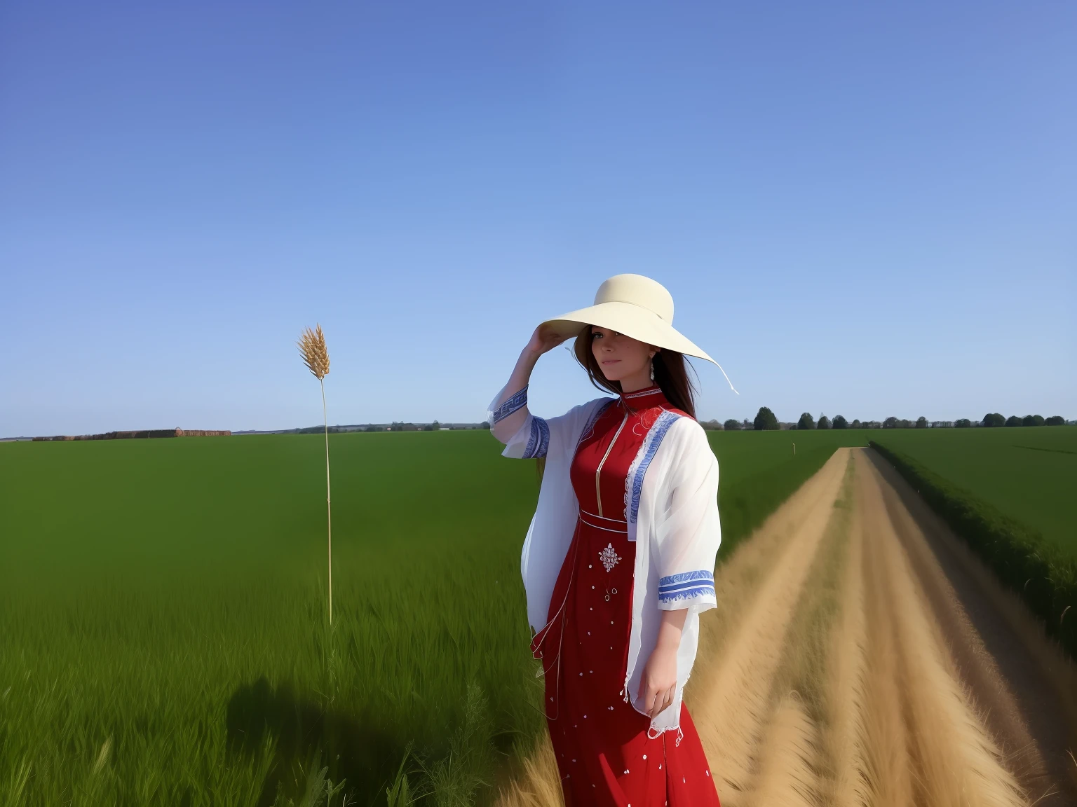 Arad woman in a red dress and white hat standing in the field, shot on nikon d 3 2 0 0, in a field, in field high resolution, in a wheat field, looking at the distance, standing in a field, looking towards the horizon, wide portrait, walking in the wheat field, Photo taken with Nikon D 7 5 0