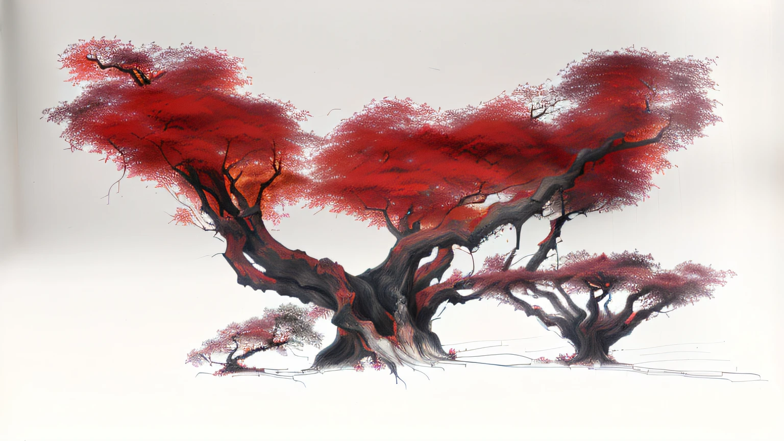 There is a tree with red leaves,chinese paintings