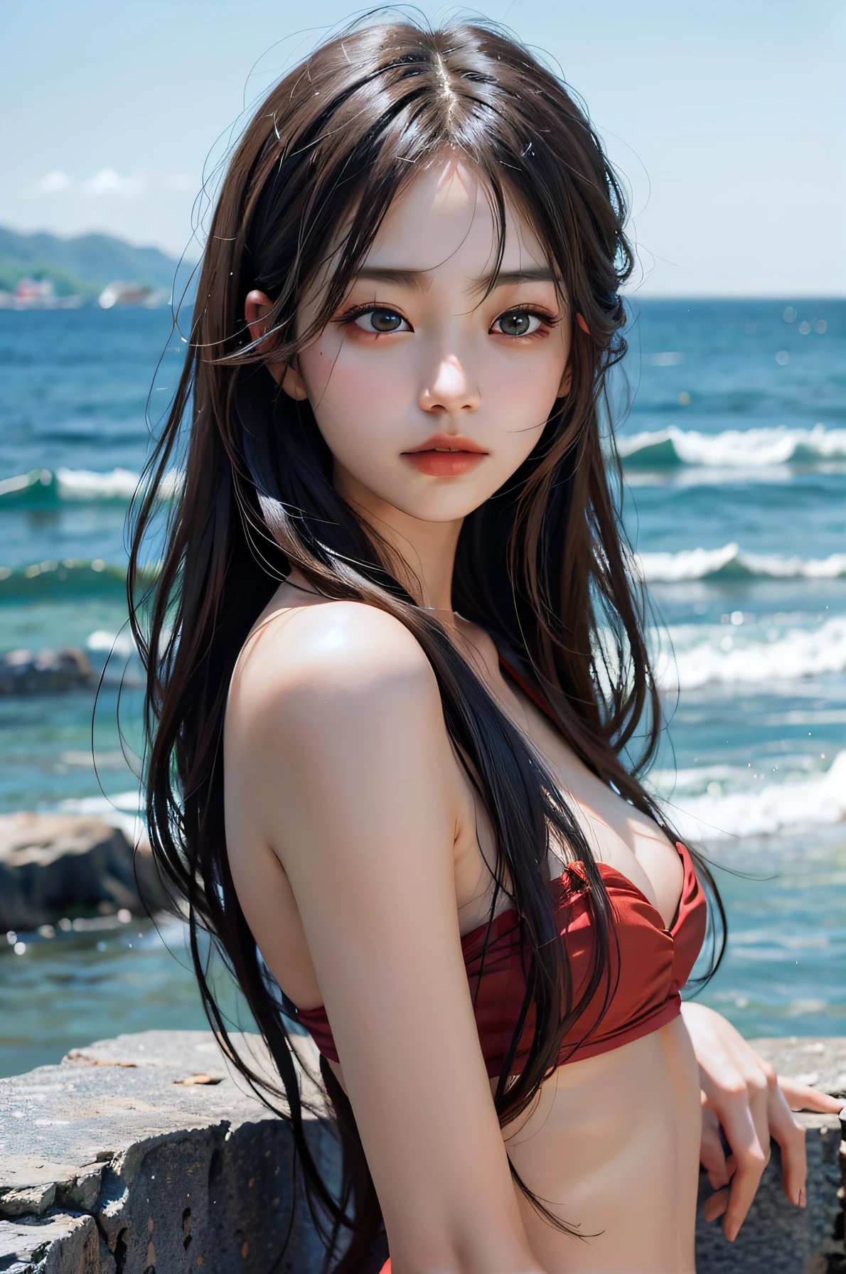 夏天, 1 female, the ocean, 比基尼, (Natural skin texture, hyperrealism, Soft light, edgy), subdued colors, Calm tone,