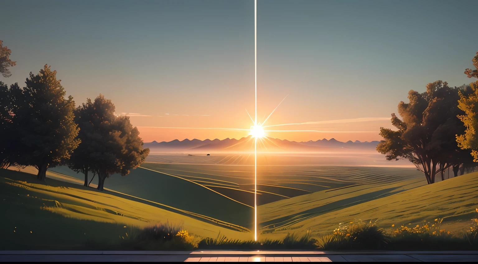 Visualize um vasto campo de energia solar, where solar panels extend as far as the eye can see. Paint the sky with a smooth gradient of warm colors from sunrise to sunset, representando a passagem do dia. Os raios solares devem brilhar intensamente, highlighting panel details. Adicione elementos naturais, like birds flying and trees around, to emphasize the balance between technology and nature.