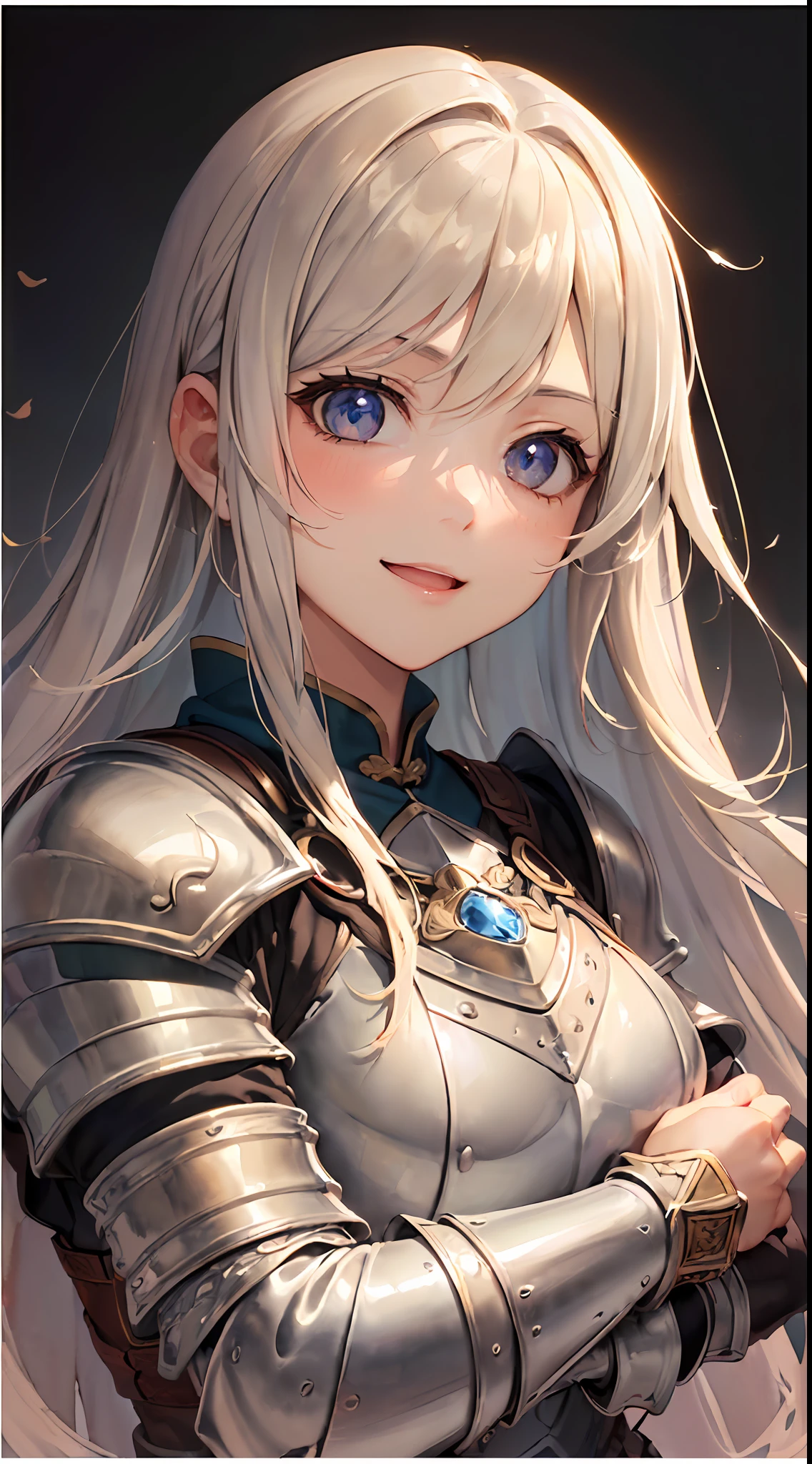 「(8k wallpaper:1.5)、(high-level image quality:1.3)、(animesque, watercolor paiting:1.5)、(girl with、独奏、cute little:1.8)、(beatiful detailed eyes:1.5 )、(huge smile:1.5)、(low angles:1.2)、(s Armor、Carrying swords:1.5)、(battle field、medieval Europe:1.3)、(sepia, gradients:1.5)」