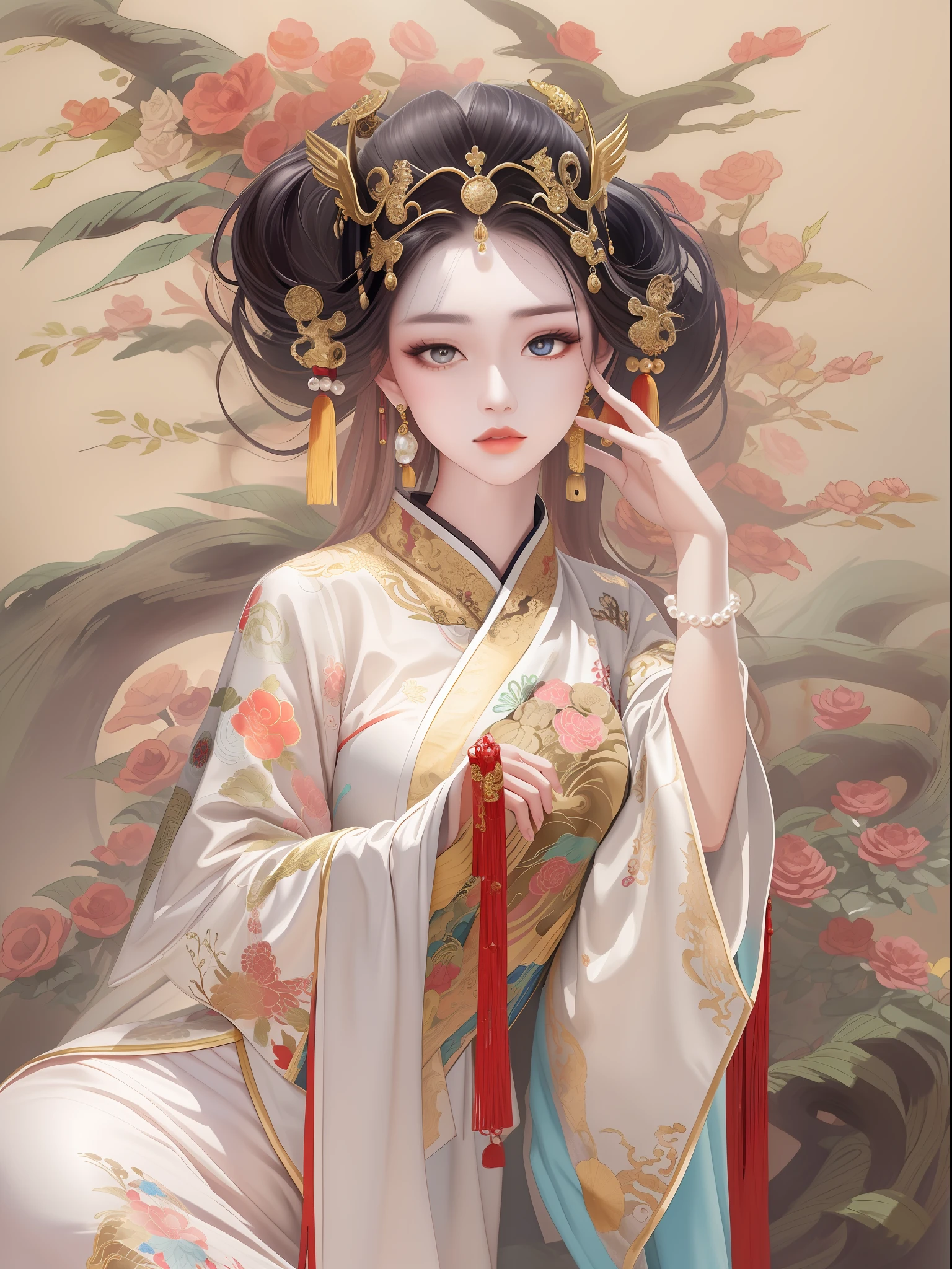 1 woman,wearing Chinese Traditional dress,Wear intricate and sophisticated headdresses,The crown is set with pearls and precious stones,Delicately embroidered silk robe,cabelos preto e longos,Smooth and shiny,Phoenix-style pearl earrings,Wearing a phoenix robe,Wide-sleeved gold robe,Long red silk dress,Noble and gorgeous,Majesty,Look back,Gentle eyes,(((Delicate facial portrayal))),a color,wide angles,Faraway view,Highest image quality,tmasterpiece,Chinese,brightly,8K,Chinese illustration,Meticulous,Chinese colors,colored ink drawing,Chinese Gongbi Painting,Traditional Chinese painting,Ancient artist Zhang Daqian style