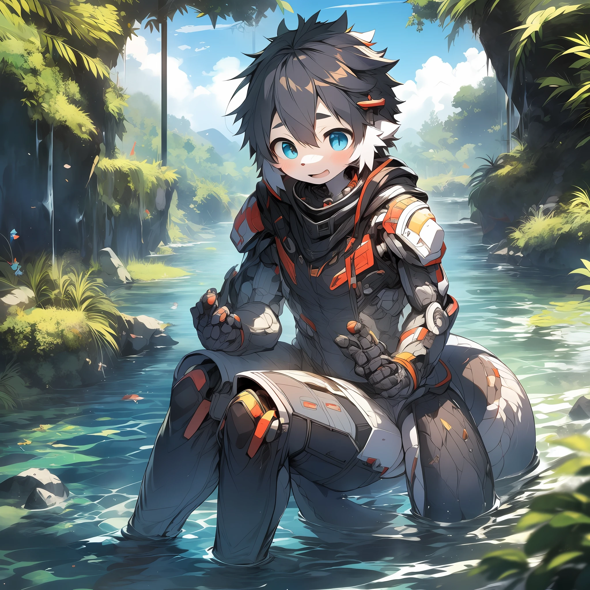 Dragons in mecha，bit girl，dark gray，Blue-and-black hair，eBlue eyes，adolable，Mechanical nanoskin，black reotard，black over-the-knee socks，full bodyesbian，nakeness，Shota，Stand where water meets sky，Black is the theme，emaciated，emaciated，is shy，8K quality，Extreme light and shadow