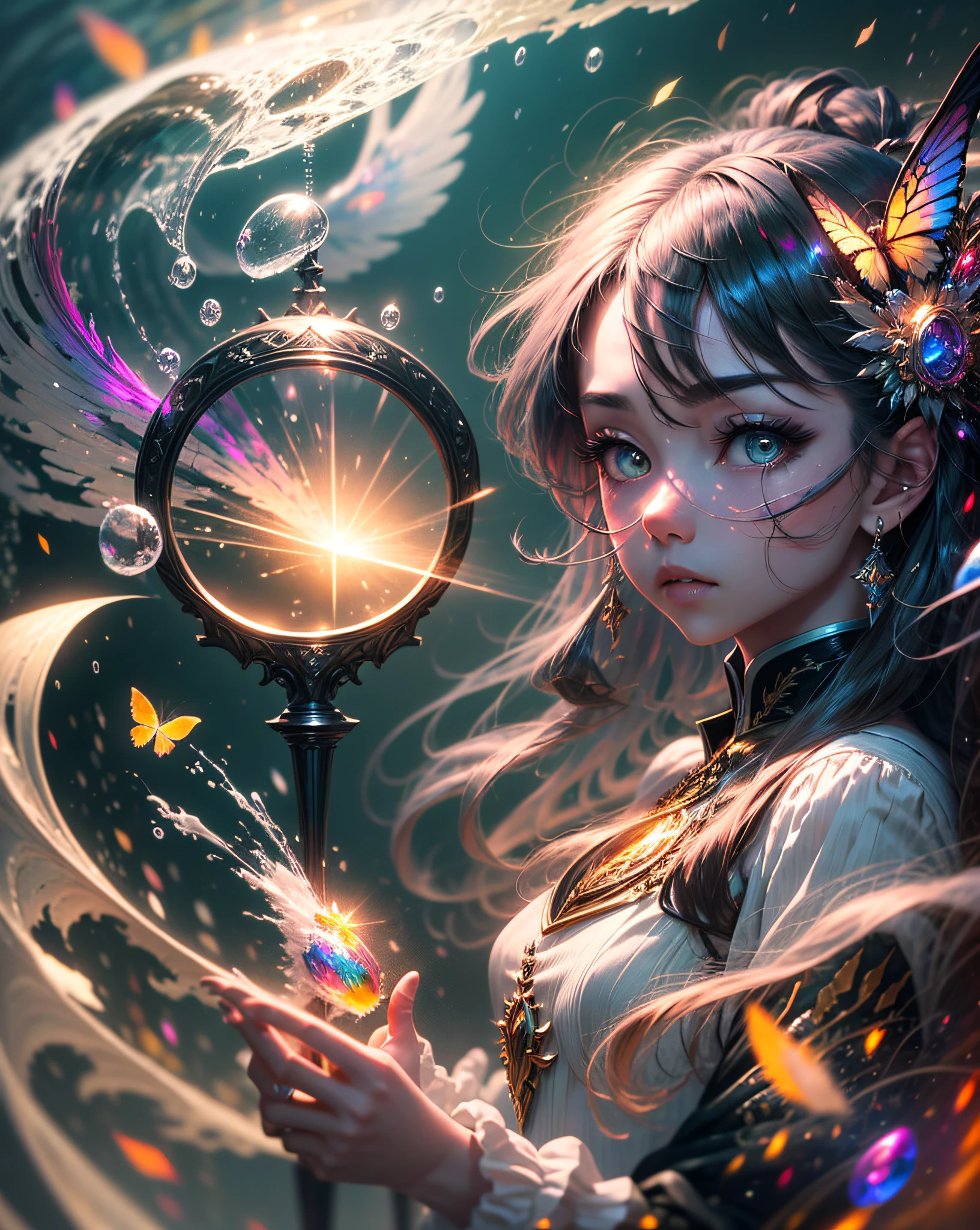(((tmasterpiece))), (((best qualtiy))), ((ultra - detailed)), (highly detailed CGillustration), ((Extremely refined and beautiful)),(1girll),1 face, Movie light, Create stunning fantasy artwork,Imitate the style of the current masters。The work should contain elements of mythological fantasy and fairy tale fantasy,And with colorful accents。The character in the work is a delicate but strong character,Has an aura of mystery and magic。Pay close attention to intricate facial features,For example, The eyes are brightly colored,The shade is delicate。The character's costume should be designed with tulle feathers、silkouette、Stunning embroidery and subtle rainbow details。Combine bright colors、Dynamic lighting and detailed background elements,Create a sense of awe and immersion。These include colorful flying magic birds and jewel-colored butterflies that emit magical halos。Consider the latest trends in fantasy art,such as incorporating unique lighting effects,Explore dynamic and eye-catching compositional techniques,As well as experimenting with unique color palettes。Take inspiration from top artists on ArtStation and Midjourney。cameras:Select an angle,Highlight the beauty of the characters,Enhance the magical majesty of the artwork。illuminating:Utilize atmospheric lighting technology to create depth and atmosphere。Resolution:Aim for high-resolution artwork,to showcase intricate detail and clarity。Artistic inspiration:Get inspiration from popular artists on ArtStation,Explore different styles,Genres and themes。