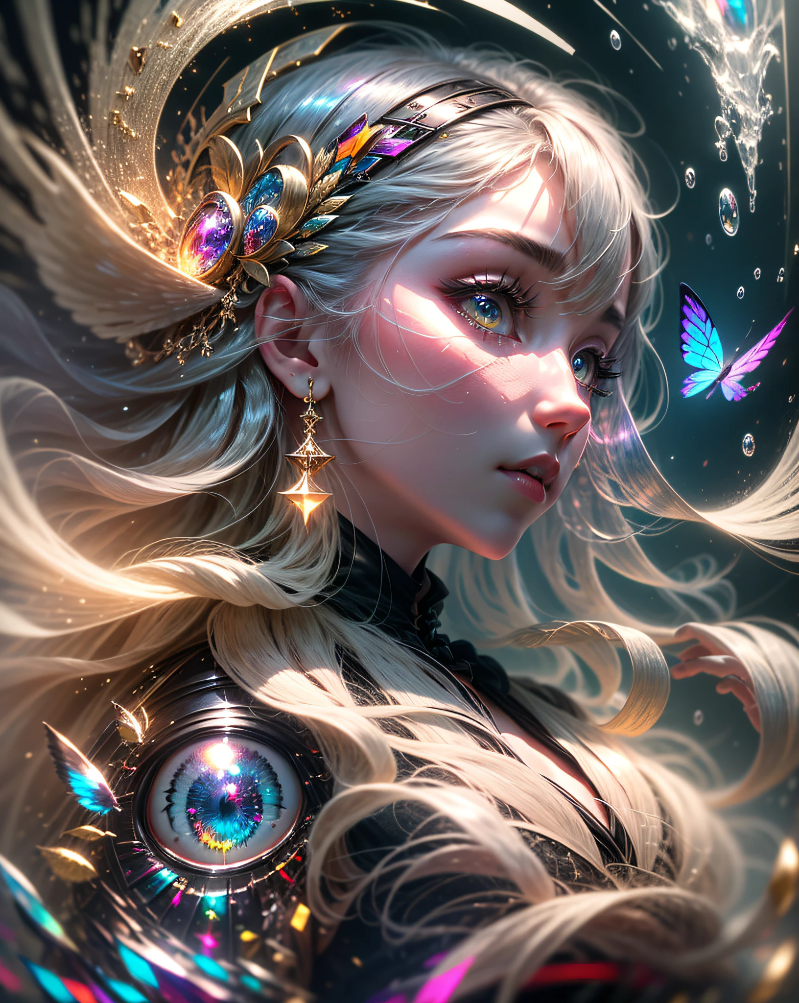 (((tmasterpiece))), (((best qualtiy))), ((ultra - detailed)), (highly detailed CGillustration), ((Extremely refined and beautiful)),(1girll),(A face:1.5), Movie light, Create stunning fantasy artwork,Imitate the style of the current masters。The work should contain elements of mythological fantasy and fairy tale fantasy,And with colorful accents。The character in the work is a delicate but strong character,Has an aura of mystery and magic。Pay close attention to intricate facial features,For example, Bright eye color,The color palette is exquisite。The character's costume should be designed with tulle feathers、silkouette、Stunning embroidery and subtle rainbow details。Combine bright colors、Dynamic lighting and detailed background elements,Create a sense of awe and immersion。These include colorful flying magic birds and jewel-colored butterflies that emit a magical halo。Consider the latest trends in fantasy art,such as incorporating unique lighting effects,Explore dynamic and eye-catching compositional techniques,As well as experimenting with unique color palettes。Take inspiration from top artists on ArtStation and Midjourney。cameras:Select an angle,Highlight the beauty of the characters,Enhance the magical majesty of the artwork。illuminating:Utilize atmospheric lighting technology to create depth and atmosphere。Resolution:Aim for high-resolution artwork,to showcase intricate detail and clarity。Artistic inspiration:Get inspiration from popular artists on ArtStation,Explore different styles,Genres and themes。