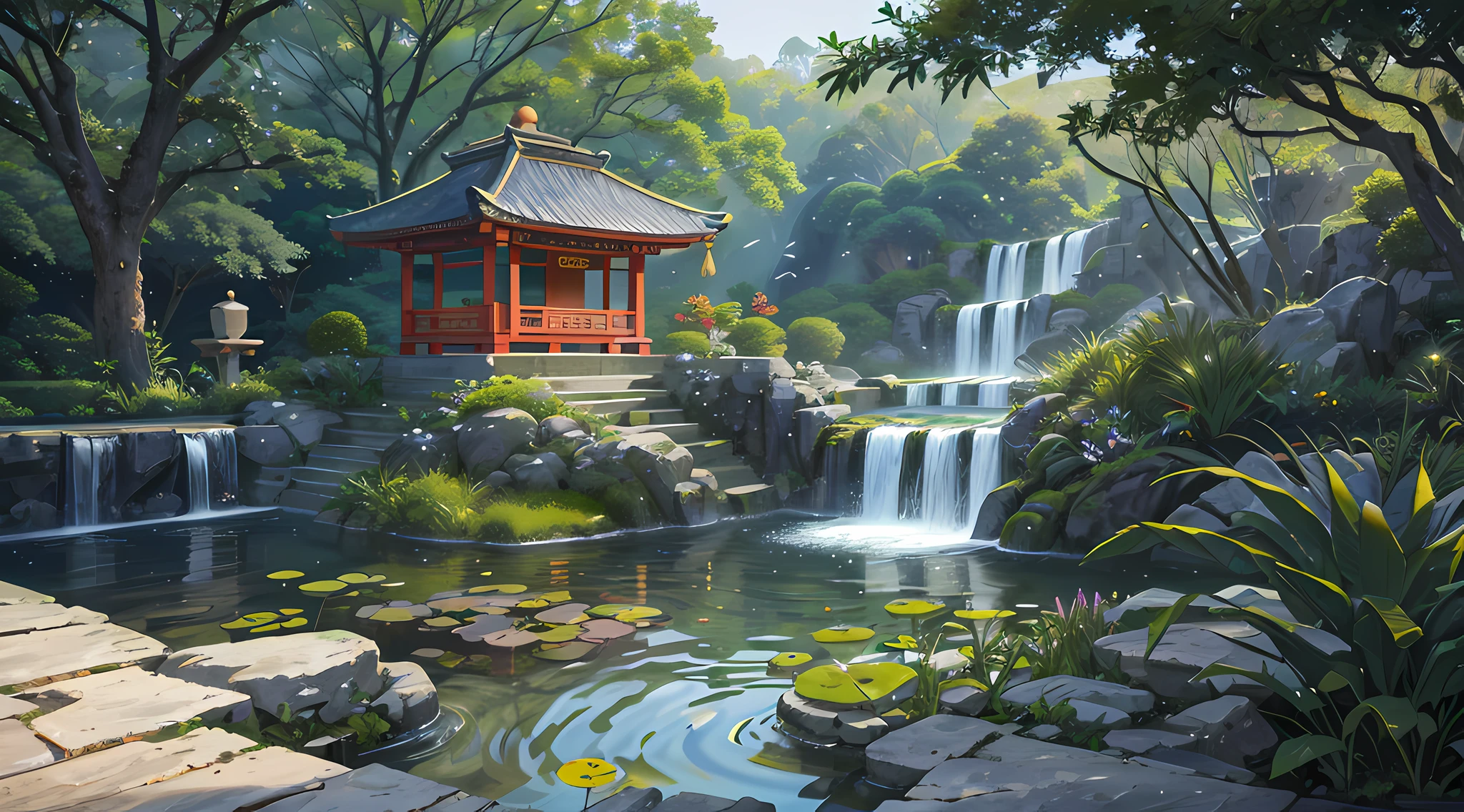 Ancient Chinese architecture, garden, bamboo, lake, stone bridge, rockery, arch, corner, rockery, tree, flowing water, landscape, outdoor, waterfall, meadow, rock, water lily, stream, lotus, moon, night view, hot springs, water vapor, (illustration: 1.0), epic composition, realistic lighting, high-definition detail, masterpiece, best quality, (very detailed CG unified 8k wallpaper), (best quality)