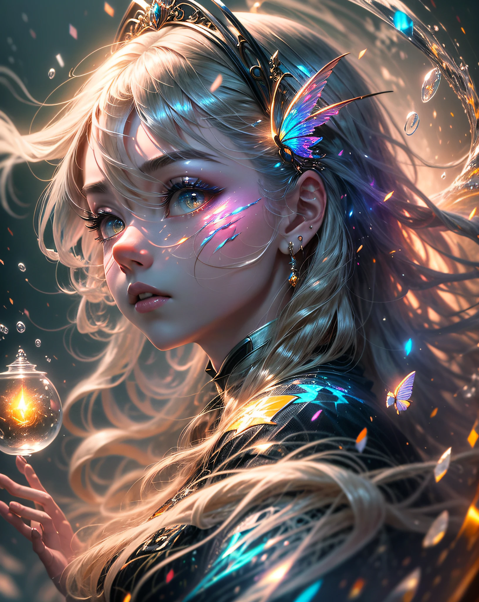 (((tmasterpiece))), (((best qualtiy))), ((ultra - detailed)), (highly detailed CGillustration), ((Extremely refined and beautiful)),(1girll),(A face:1.5), Movie light, Create stunning fantasy artwork,Imitate the style of the current masters。The work should contain elements of mythological fantasy and fairy tale fantasy,And with colorful accents。The character in the work is a delicate but strong character,Has an aura of mystery and magic。Pay close attention to intricate facial features,For example, Bright eye color,The color palette is exquisite。The character's costume should be designed with tulle feathers、silkouette、Stunning embroidery and subtle rainbow details。Combine bright colors、Dynamic lighting and detailed background elements,Create a sense of awe and immersion。These include colorful flying magic birds and jewel-colored butterflies that emit a magical halo。Consider the latest trends in fantasy art,such as incorporating unique lighting effects,Explore dynamic and eye-catching compositional techniques,As well as experimenting with unique color palettes。Take inspiration from top artists on ArtStation and Midjourney。cameras:Select an angle,Highlight the beauty of the characters,Enhance the magical majesty of the artwork。illuminating:Utilize atmospheric lighting technology to create depth and atmosphere。Resolution:Aim for high-resolution artwork,to showcase intricate detail and clarity。Artistic inspiration:Get inspiration from popular artists on ArtStation,Explore different styles,Genres and themes。