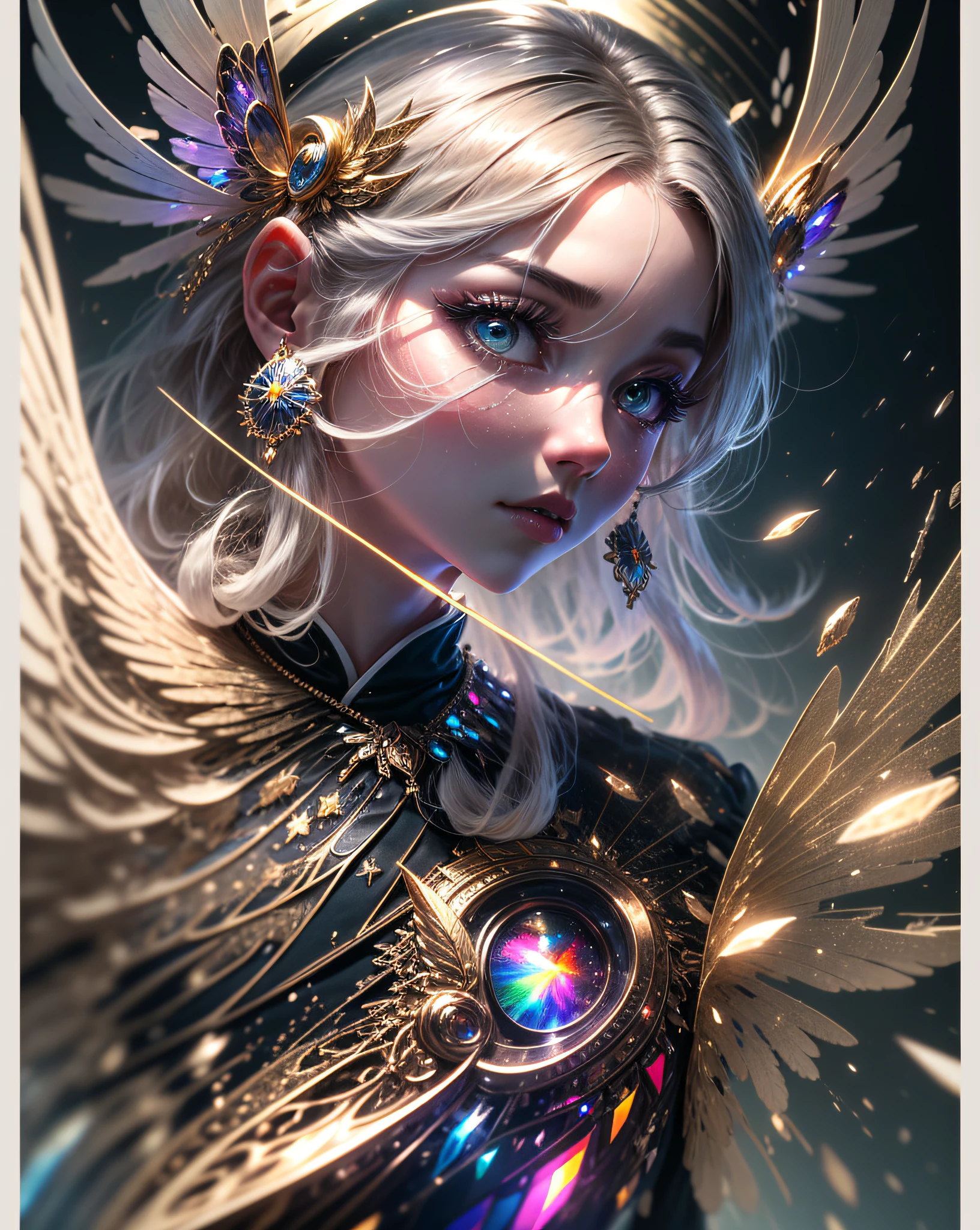 (((tmasterpiece))), (((best qualtiy))), ((ultra - detailed)), (highly detailed CGillustration), ((Extremely refined and beautiful)),(1girll),(A face:1.5), Movie light, Create stunning fantasy artwork,Imitate the style of the current masters。The work should contain elements of mythological fantasy and fairy tale fantasy,And with colorful accents。The character in the work is a delicate but strong character,Has an aura of mystery and magic。Pay close attention to intricate facial features,For example, Bright eye color,The color palette is exquisite。The character's costume should be designed with tulle feathers、silkouette、Stunning embroidery and subtle rainbow details。Combine bright colors、Dynamic lighting and detailed background elements,Create a sense of awe and immersion。These include colorful flying magic birds and jewel-colored butterflies that emit a magical halo。Consider the latest trends in fantasy art,such as incorporating unique lighting effects,Explore dynamic and eye-catching compositional techniques,As well as experimenting with unique color palettes。Take inspiration from top artists on ArtStation and Midjourney。cameras:Select an angle,Highlight the beauty of the characters,Enhance the magical majesty of the artwork。illuminating:Utilize atmospheric lighting technology to create depth and atmosphere。Resolution:Aim for high-resolution artwork,to showcase intricate detail and clarity。Artistic inspiration:Get inspiration from popular artists on ArtStation,Explore different styles,Genres and themes。