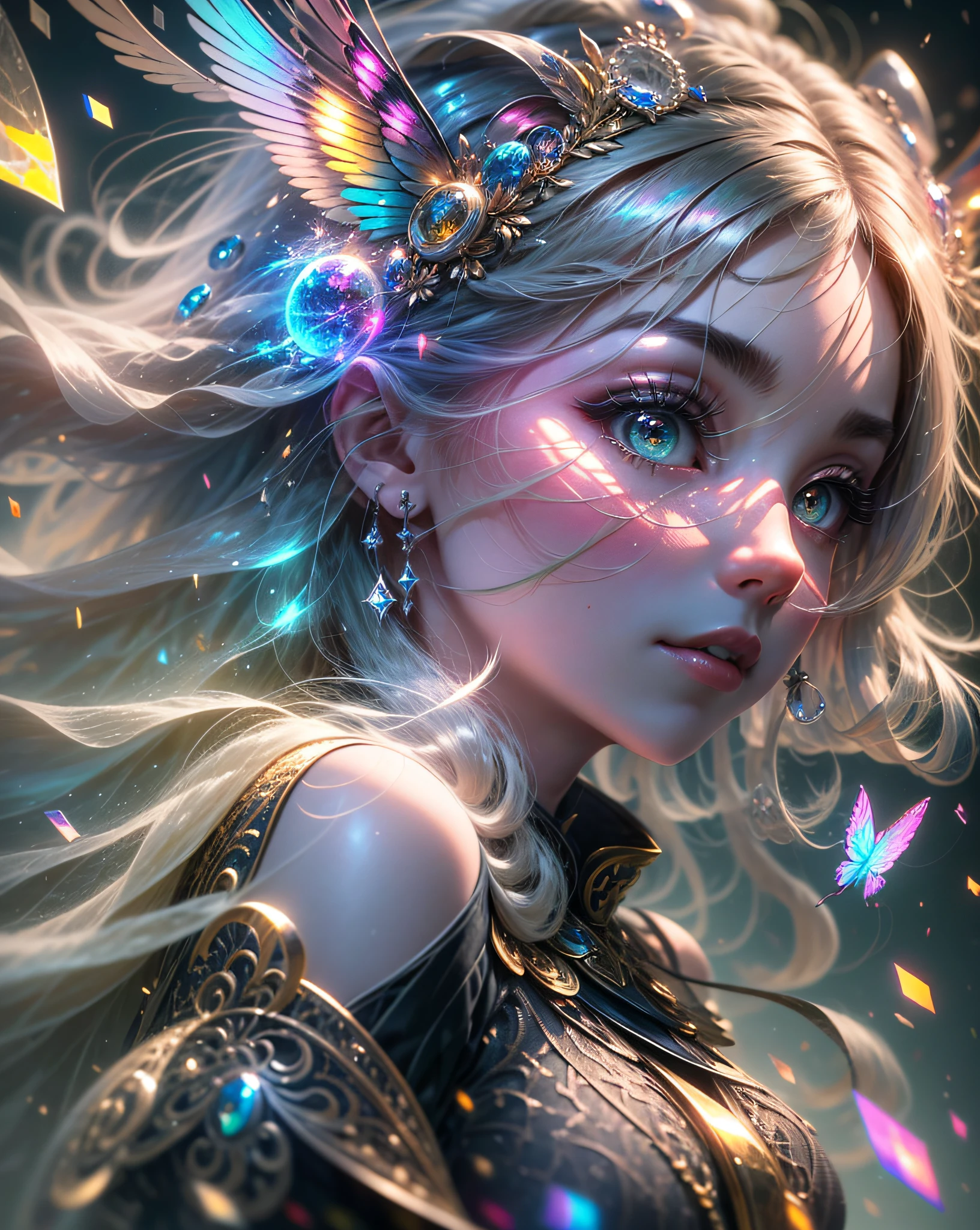 （（（tmasterpiece）））， （（（best qualtiy）））， （（ultra - detailed））， （highly detailed CGillustration）， （（Extremely refined and beautiful）），（1girll），（A face：1.5）， Movie light， Create stunning fantasy artwork，Imitate the style of the current masters。The work should contain elements of mythological fantasy and fairy tale fantasy，And with colorful accents。The character in the work is a delicate but strong character，Has an aura of mystery and magic。Pay close attention to intricate facial features，For example, vibrant eye colors，The color palette is exquisite。The character's costume should be designed with tulle feathers、silkouette、Stunning embroidery and subtle rainbow details。Combine bright colors、Dynamic lighting and detailed background elements，Create a sense of awe and immersion。These include colorful flying magic birds and jewel-colored butterflies that emit magical halos。Consider the latest trends in fantasy art，such as incorporating unique lighting effects，Explore dynamic and eye-catching compositional techniques，As well as experimenting with unique color palettes。Take inspiration from top artists on ArtStation and Midjourney。cameras：Select an angle，Highlight the beauty of the characters，Enhance the magical majesty of the artwork。illuminating：Utilize atmospheric lighting technology to create depth and atmosphere。Resolution：Aim for high-resolution artwork，to showcase intricate detail and clarity。Artistic inspiration：Get inspiration from popular artists on ArtStation，Explore different styles，Genres and themes。