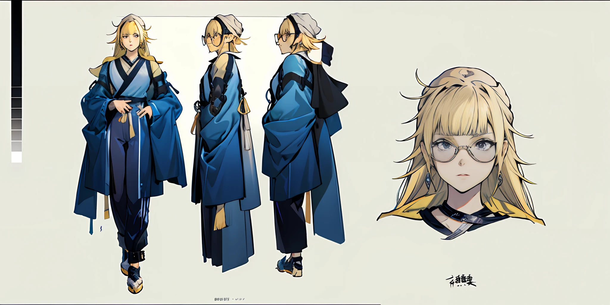 Brownish-yellow hair，Black eyes，White color blouse，Suit pants，Boy student，farms，wears glasses，Black English leather shoes，Fanart，detail-rich, Highly detailed character design, beautiful full-body concept art, Great character design, detailed anime character art, character design art, high quality character design, Detailed character design, [ Character design ]，[Multi-angle role:Head，trappings，shoe，clothes details] ，Japanese painted manga style